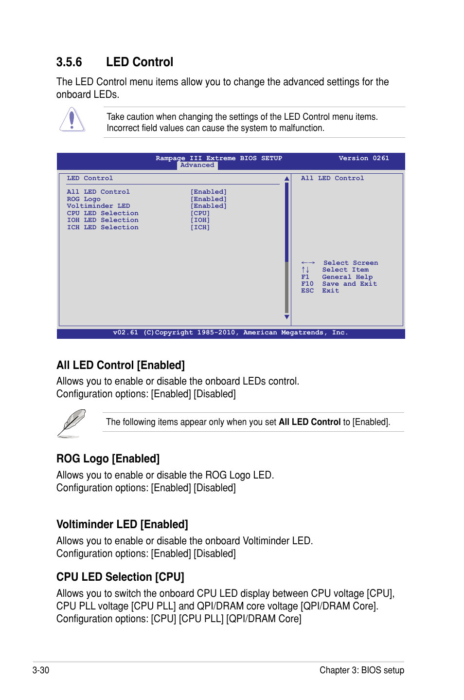 6 led control, All led control �enabled, Rog logo �enabled | Voltiminder led �enabled, Cpu led selection �cpu | Asus Rampage III Extreme User Manual | Page 116 / 190