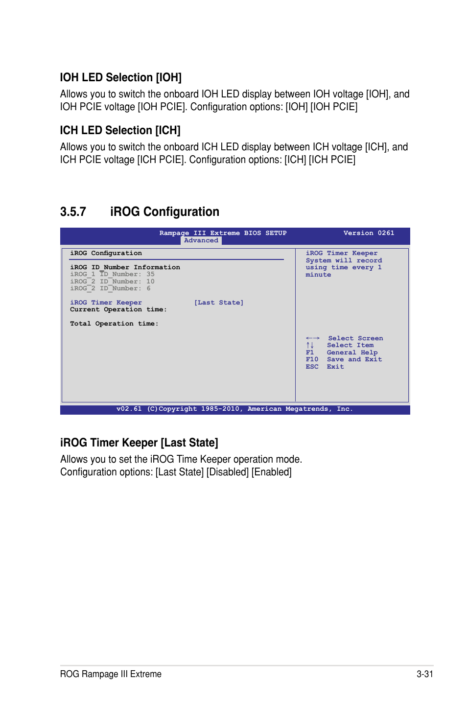 7 irog configuration, Ioh led selection �ioh, Ich led selection �ich | Irog timer keeper �last state | Asus Rampage III Extreme User Manual | Page 117 / 190