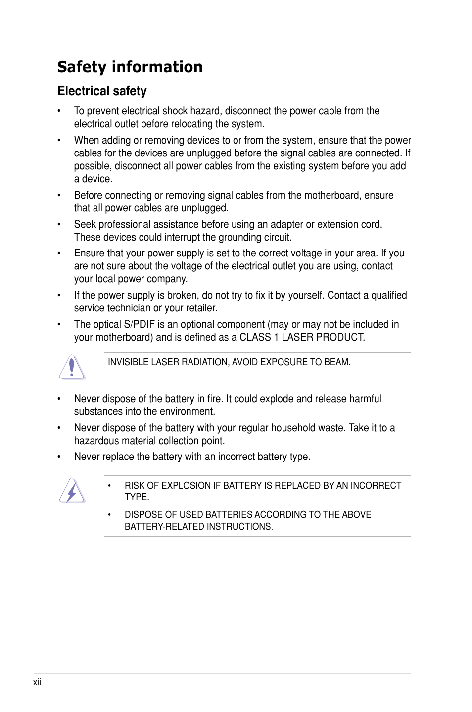 Safety information, Electrical safety | Asus Rampage III Extreme User Manual | Page 12 / 190