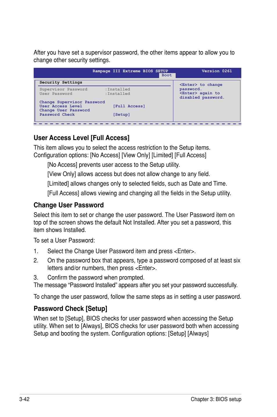 User access level �full access, Change user password, Password check �setup | Asus Rampage III Extreme User Manual | Page 128 / 190