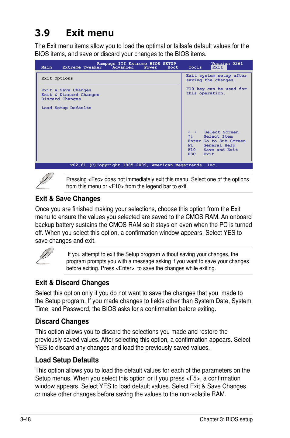 9 exit menu, Exit & save changes, Exit & discard changes | Discard changes, Load setup defaults | Asus Rampage III Extreme User Manual | Page 134 / 190