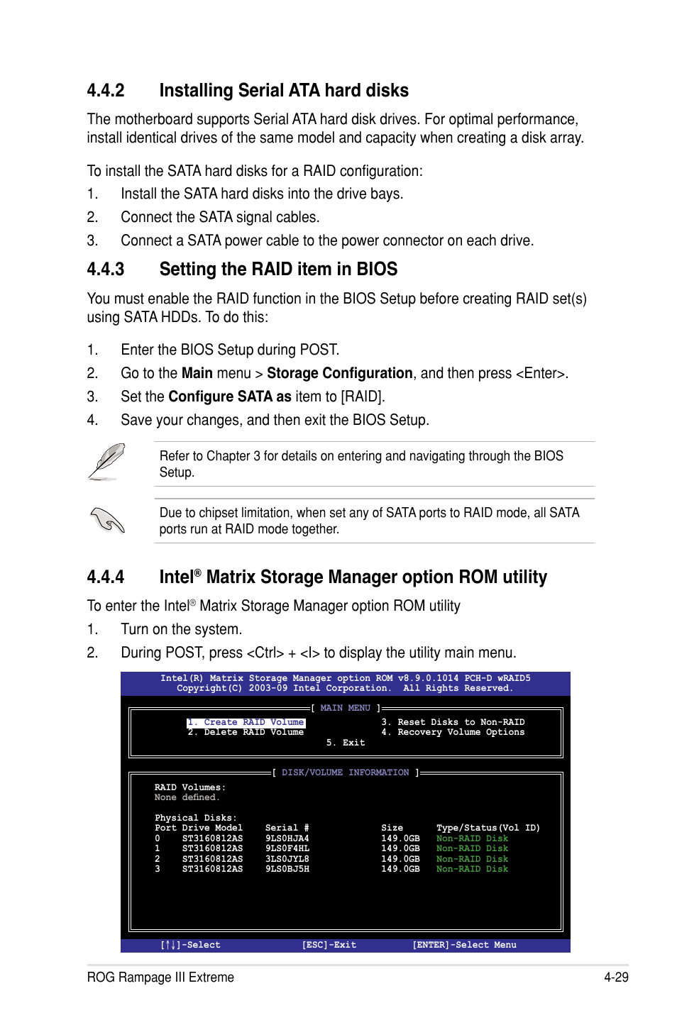 4 intel, Matrix storage manager option rom utility, 3 setting the raid item in bios | 2 installing serial ata hard disks | Asus Rampage III Extreme User Manual | Page 165 / 190