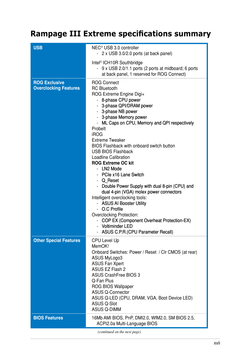 Rampage iii extreme specifications summary | Asus Rampage III Extreme User Manual | Page 17 / 190