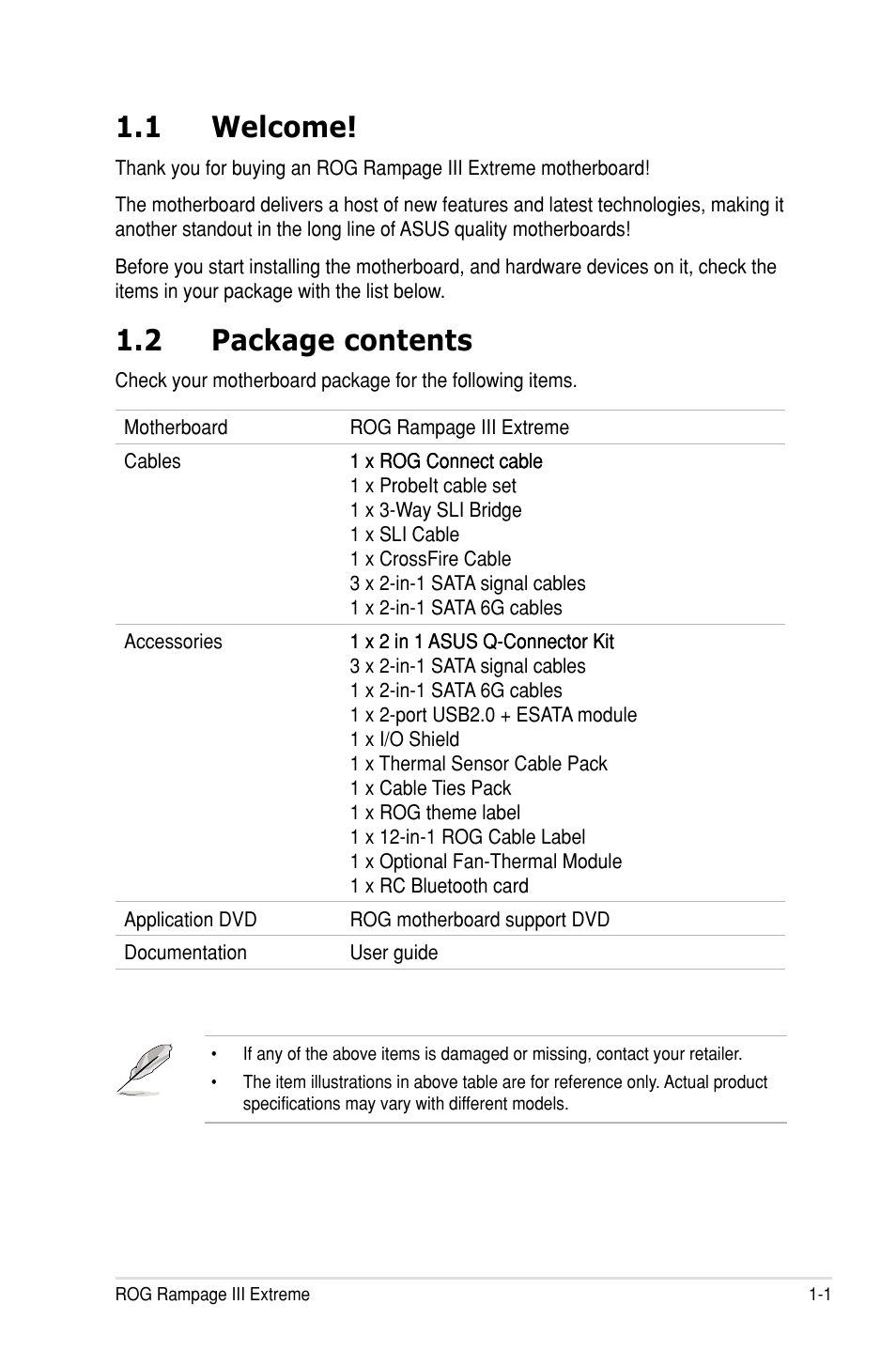 1 welcome, 2 package contents | Asus Rampage III Extreme User Manual | Page 21 / 190