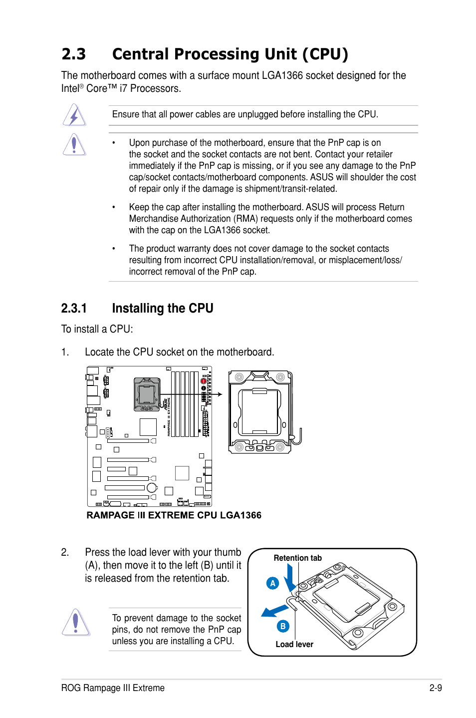 3 central processing unit (cpu), 1 installing the cpu | Asus Rampage III Extreme User Manual | Page 39 / 190