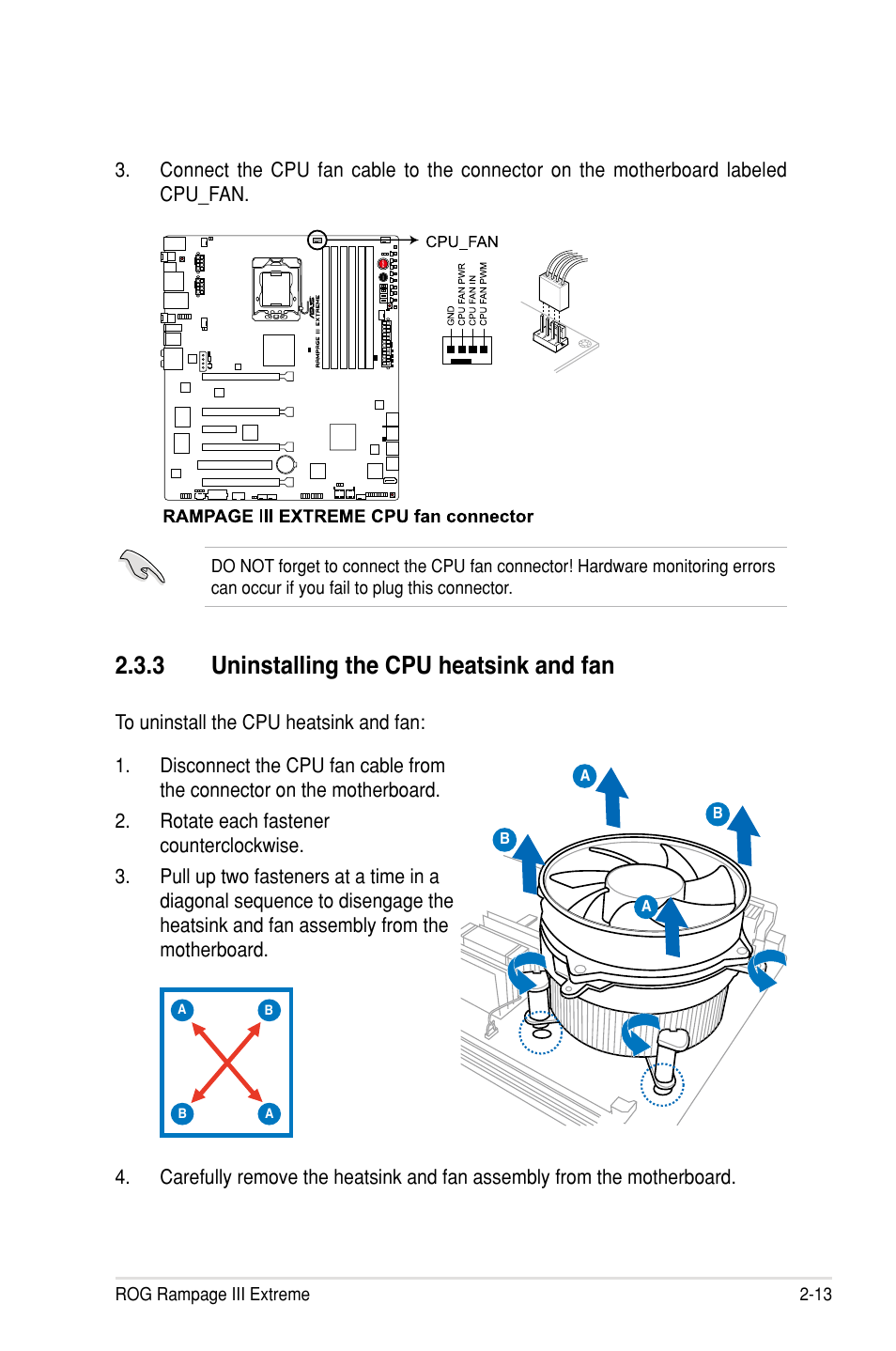 3 uninstalling the cpu heatsink and fan | Asus Rampage III Extreme User Manual | Page 43 / 190