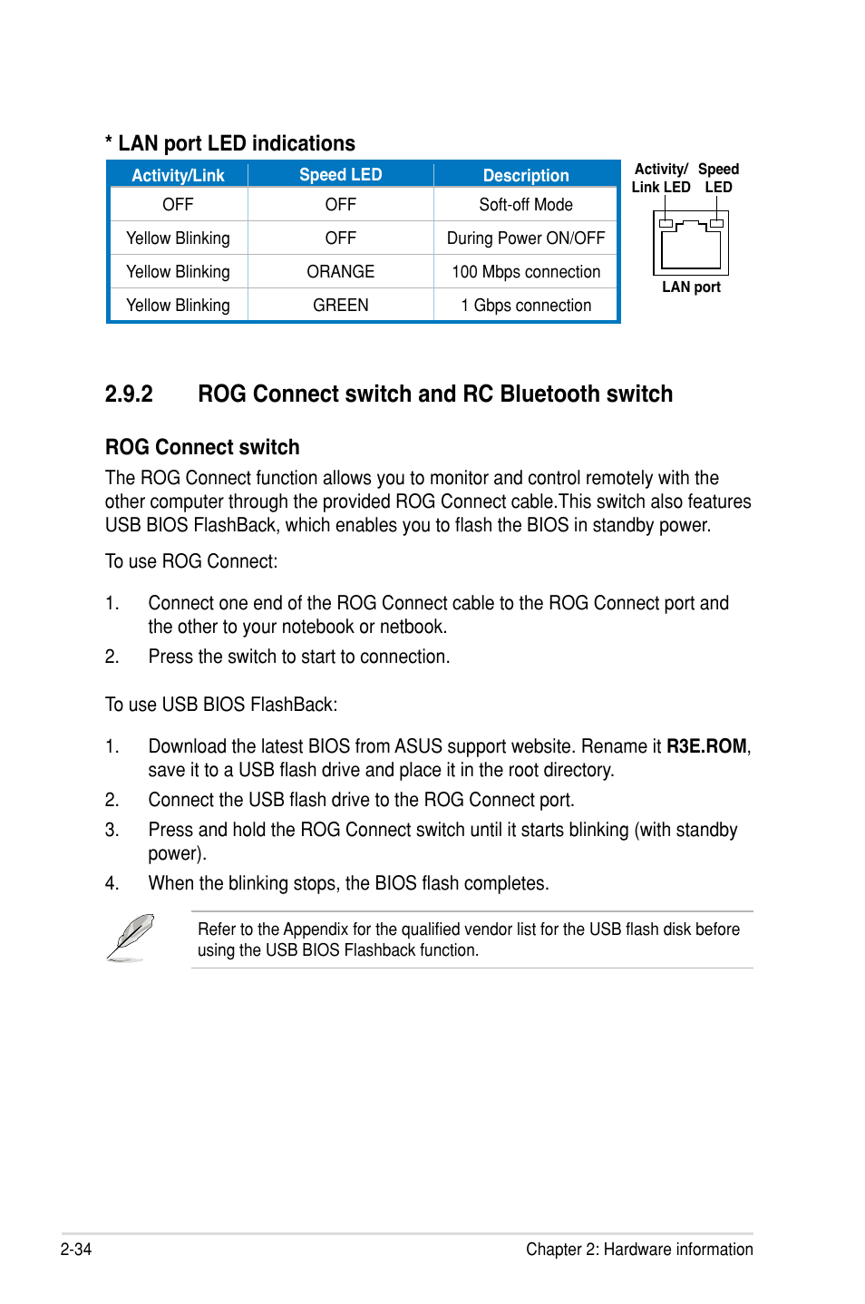 2 rog connect switch and rc bluetooth switch, Lan port led indications, Rog connect switch | Asus Rampage III Extreme User Manual | Page 64 / 190