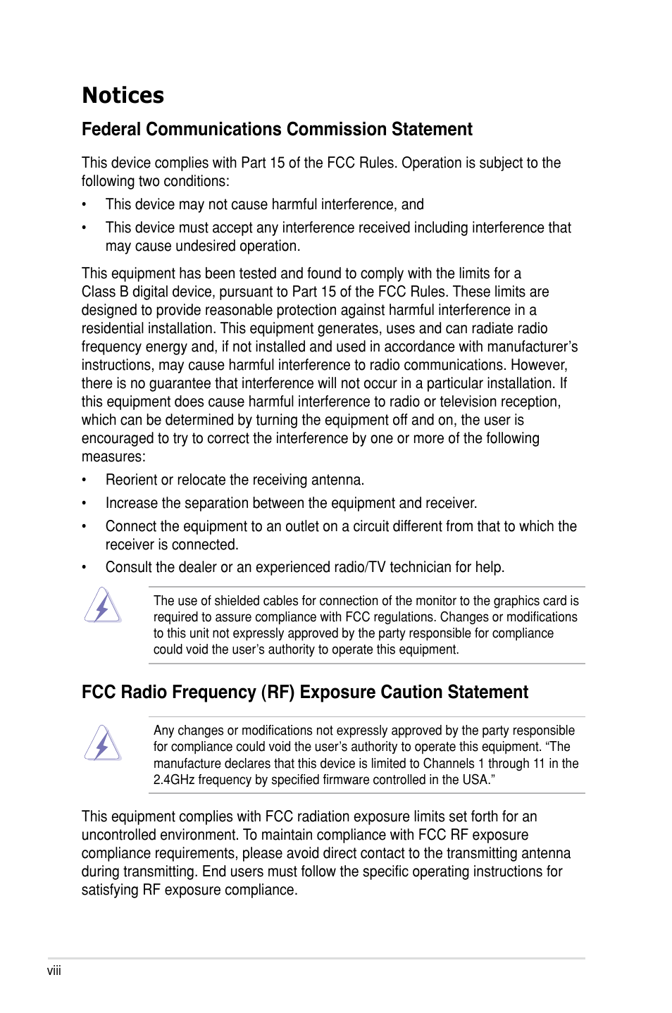 Notices, Federal communications commission statement | Asus Rampage III Extreme User Manual | Page 8 / 190