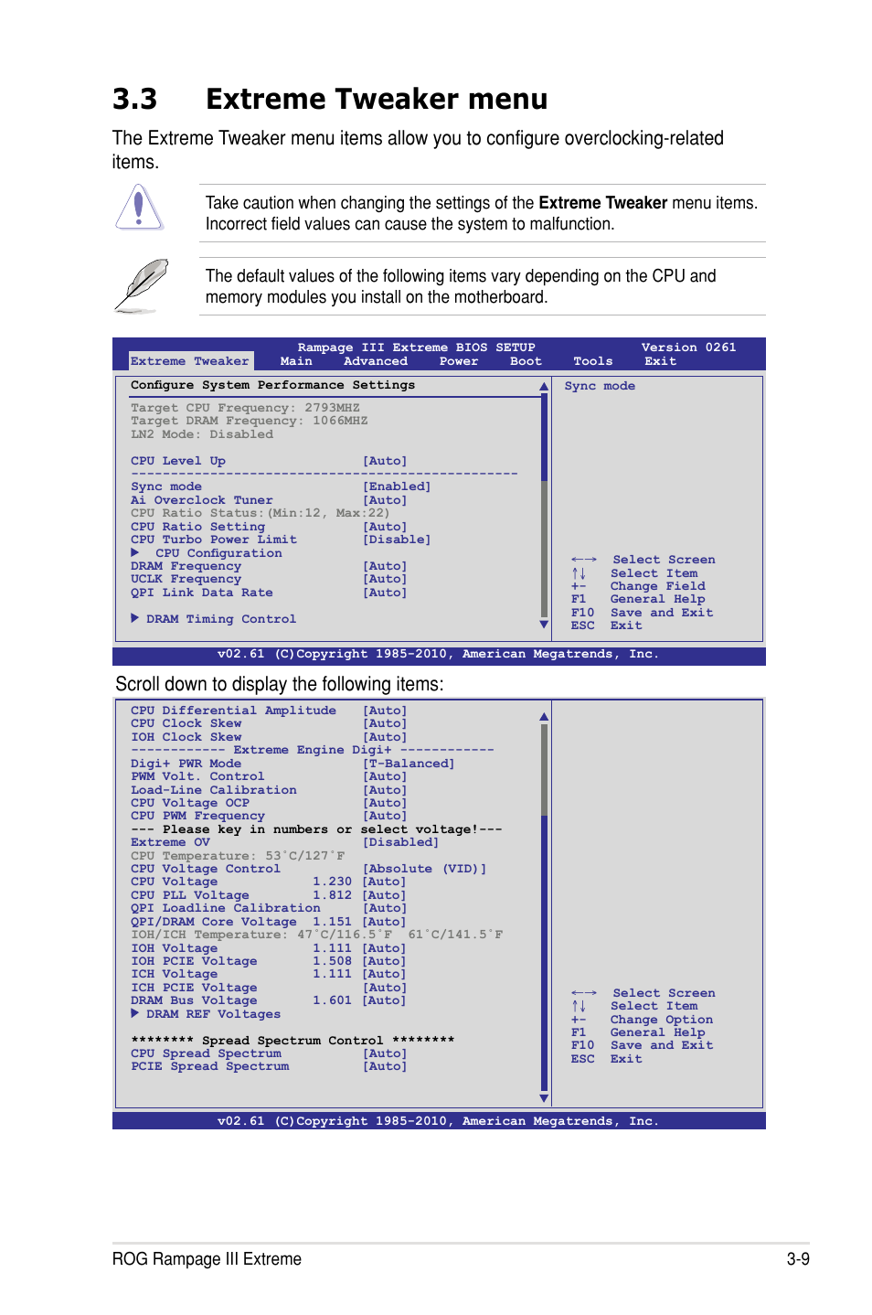 3 extreme tweaker menu, Scroll down to display the following items, Rog rampage iii extreme 3-9 | Asus Rampage III Extreme User Manual | Page 95 / 190