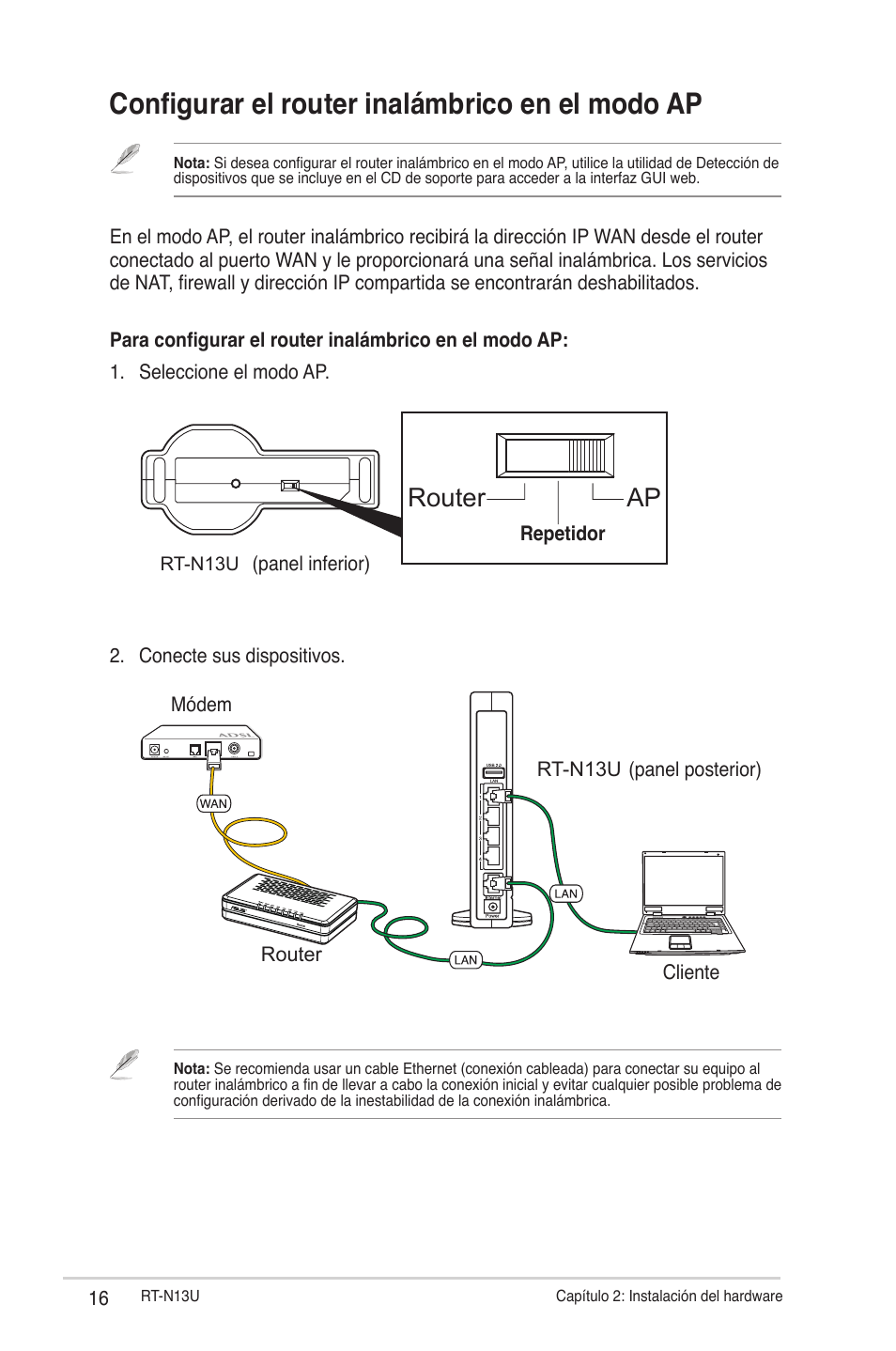 Configurar el router inalámbrico en el modo ap, Router ap repeater | Asus RT-N13U (VER.B1) User Manual | Page 16 / 75