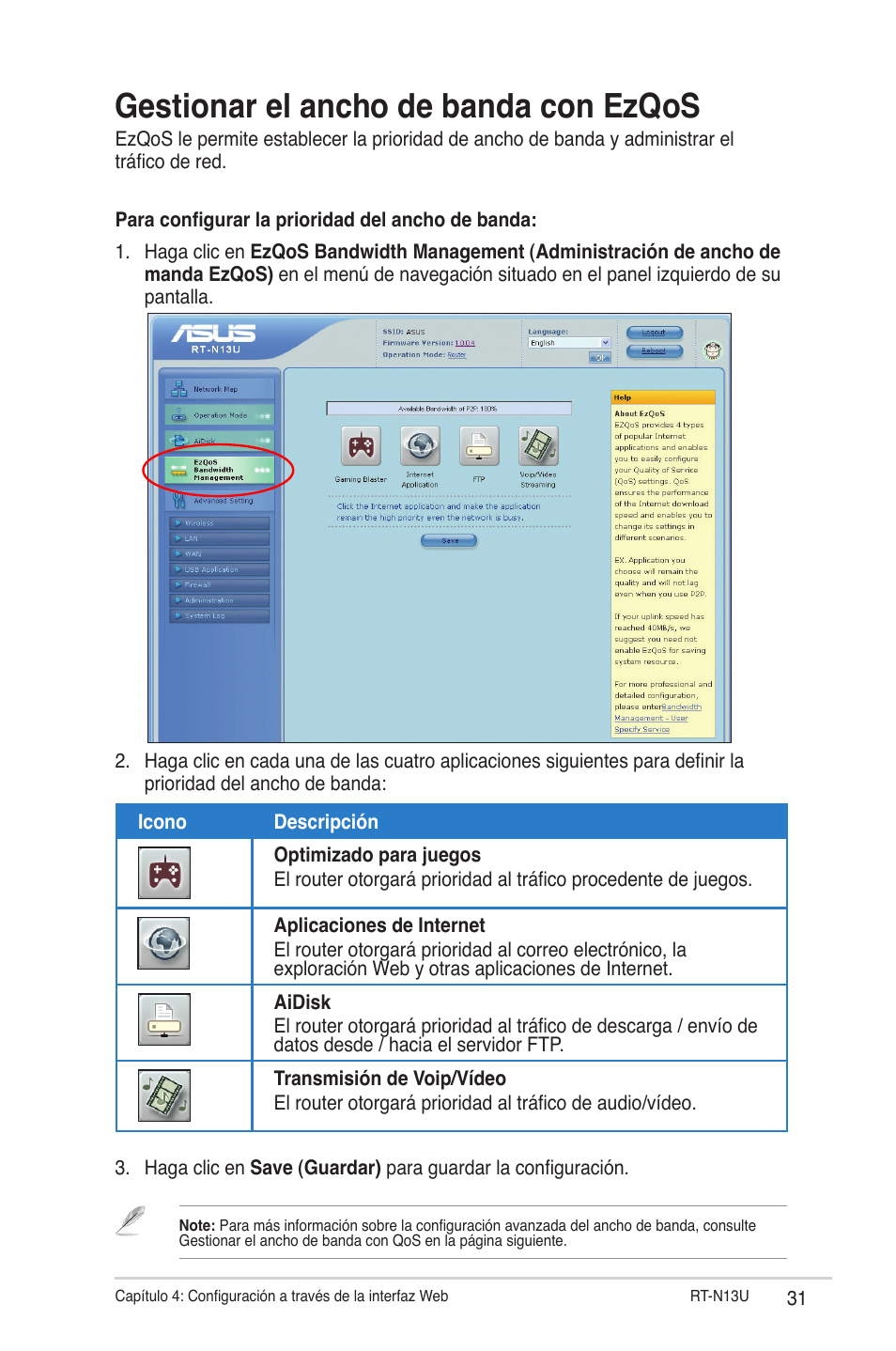 Gestionar el ancho de banda con ezqos | Asus RT-N13U (VER.B1) User Manual | Page 31 / 75