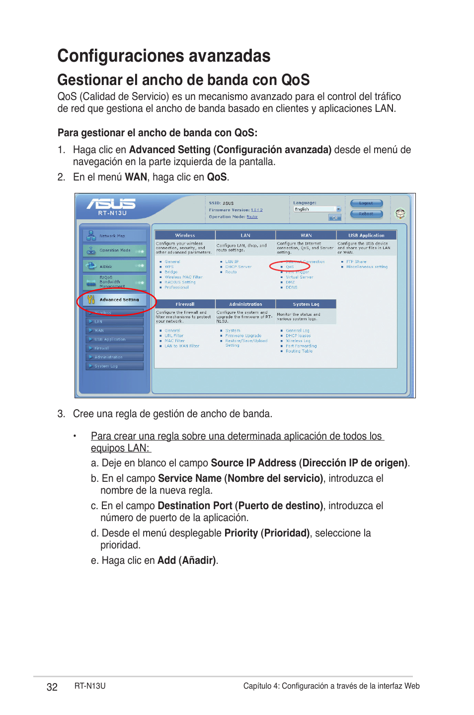 Configuraciones avanzadas, Gestionar el ancho de banda con qos | Asus RT-N13U (VER.B1) User Manual | Page 32 / 75