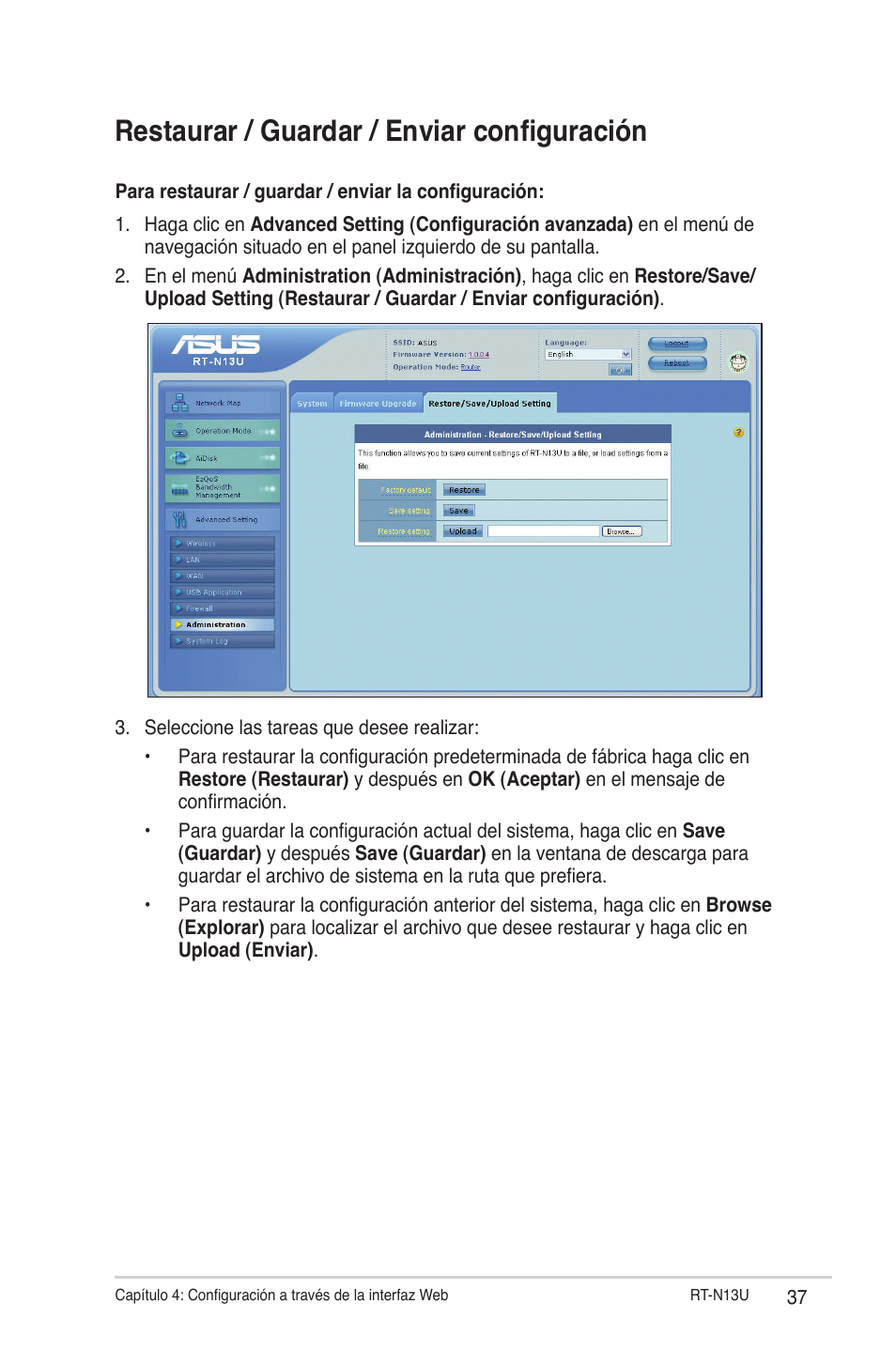 Restaurar / guardar / enviar configuración | Asus RT-N13U (VER.B1) User Manual | Page 37 / 75