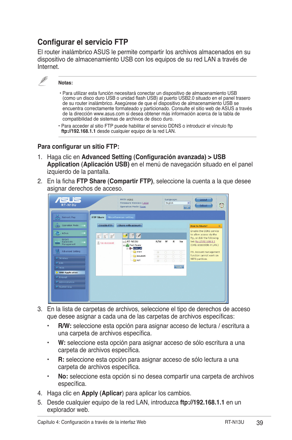 Configurar el servicio ftp | Asus RT-N13U (VER.B1) User Manual | Page 39 / 75