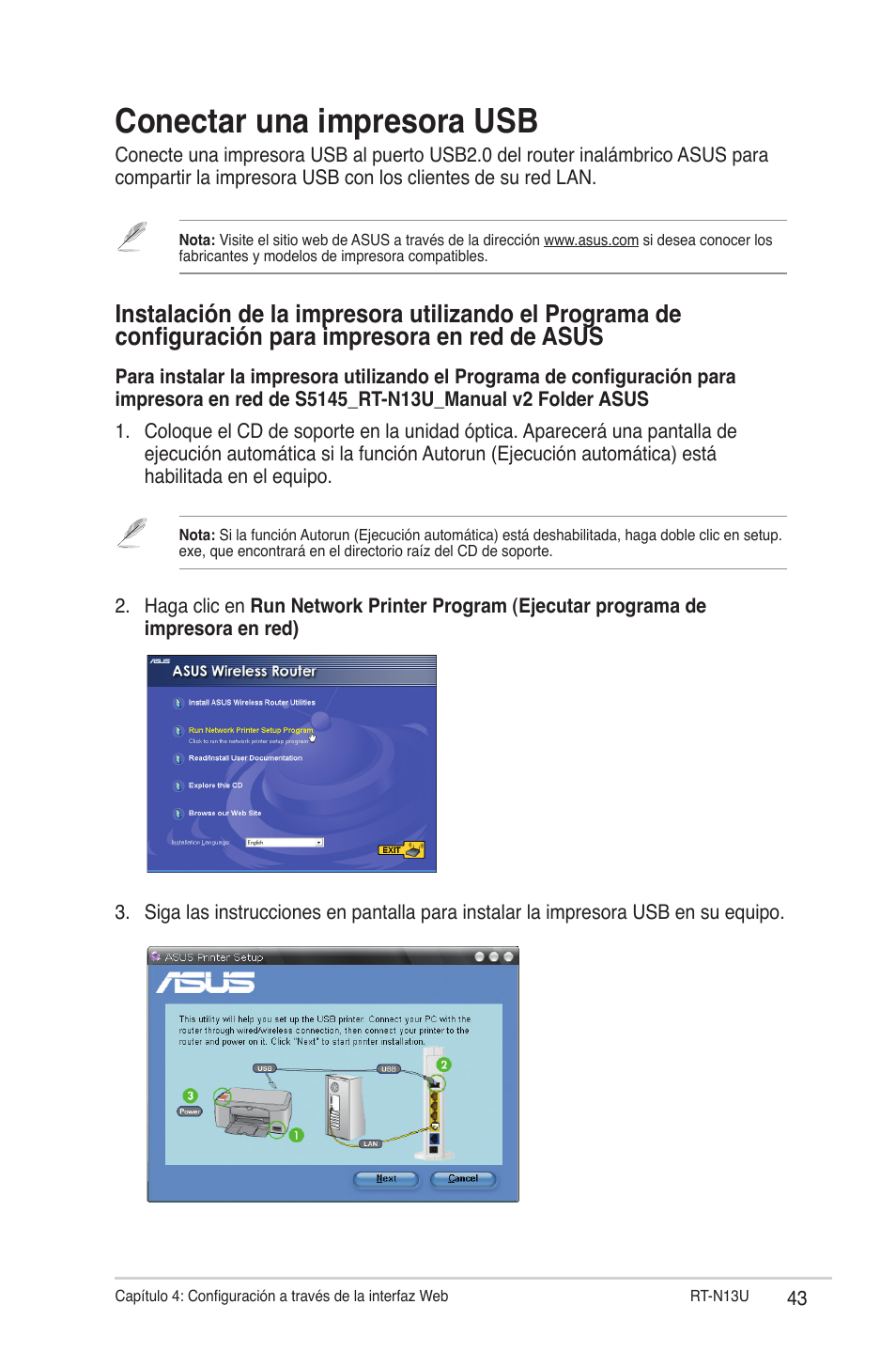 Conectar una impresora usb | Asus RT-N13U (VER.B1) User Manual | Page 43 / 75