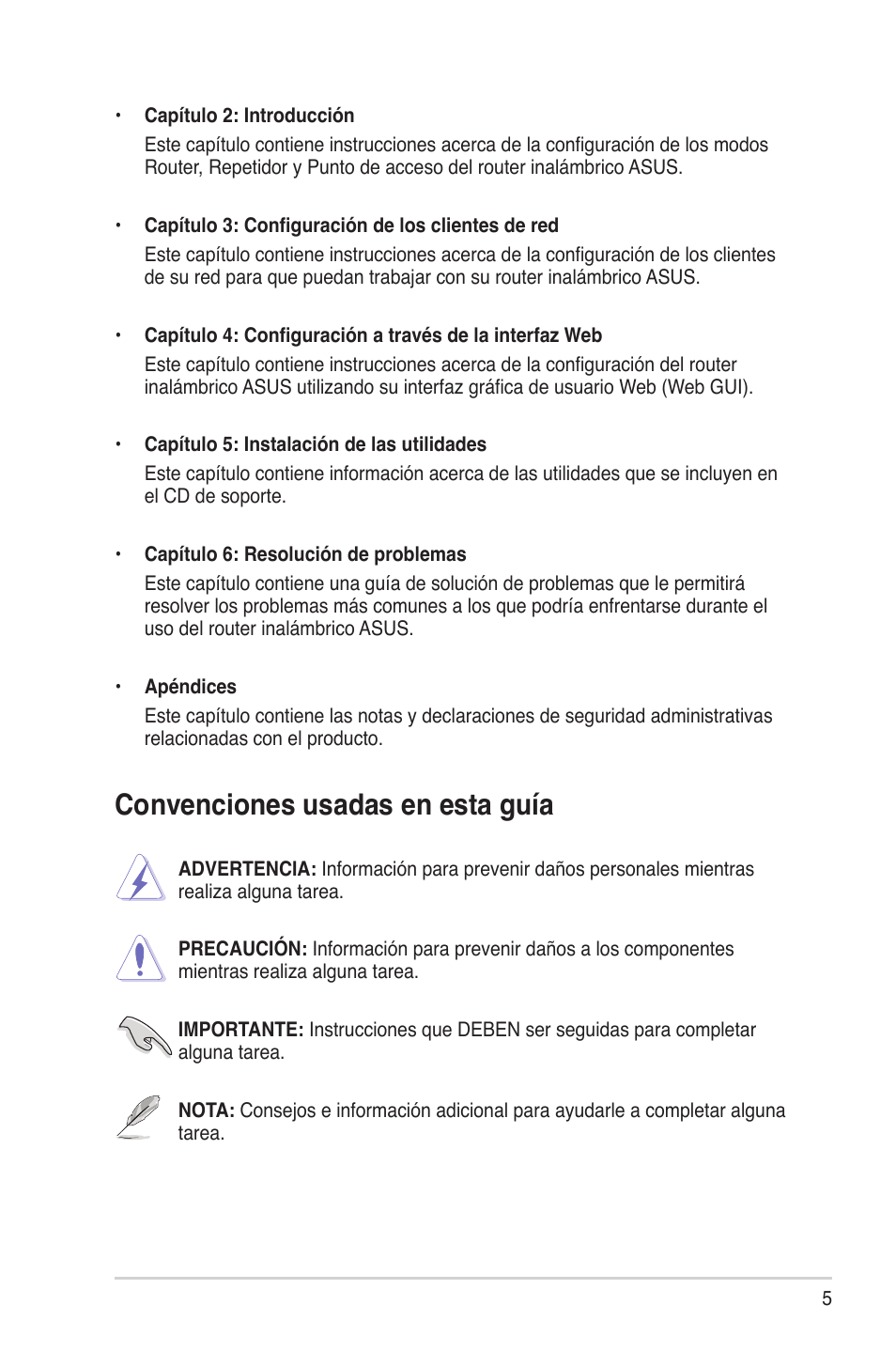 Convenciones usadas en esta guía | Asus RT-N13U (VER.B1) User Manual | Page 5 / 75
