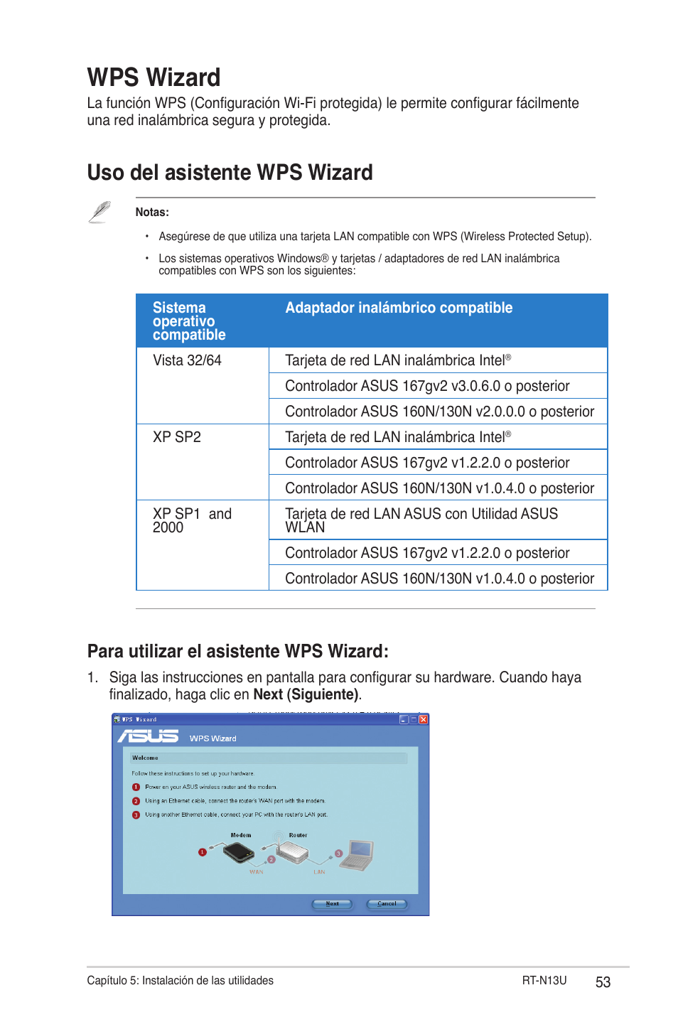 Wps wizard, Uso del asistente wps wizard, Para utilizar el asistente wps wizard | Asus RT-N13U (VER.B1) User Manual | Page 53 / 75