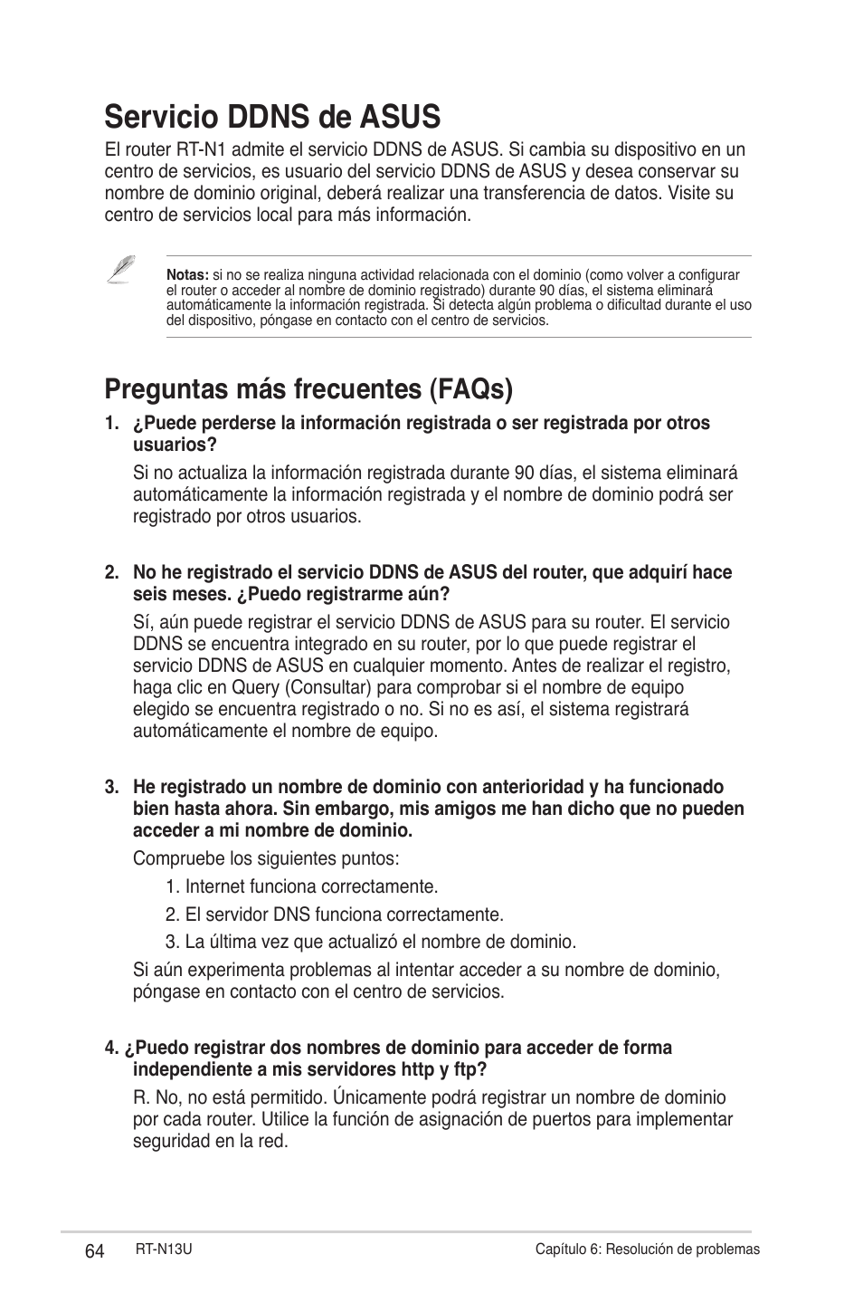 Servicio ddns de asus, Preguntas más frecuentes (faqs) | Asus RT-N13U (VER.B1) User Manual | Page 64 / 75