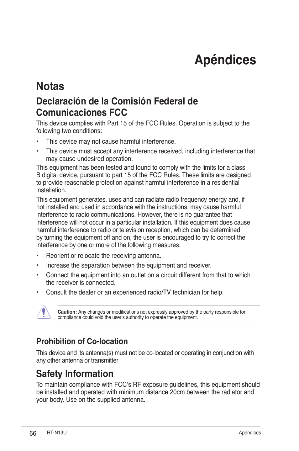 Apéndices, Notas, Safety information | Prohibition of co-location | Asus RT-N13U (VER.B1) User Manual | Page 66 / 75