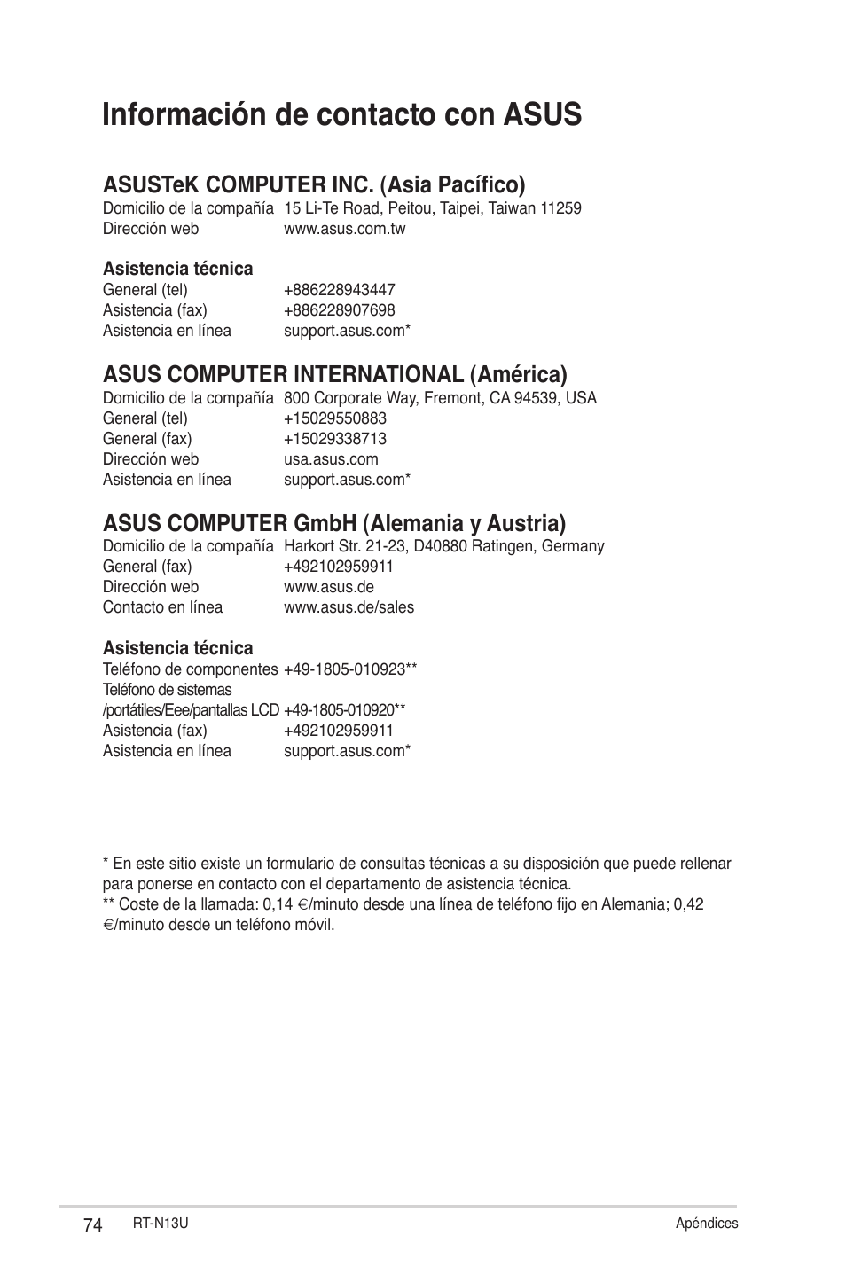 Información de contacto con asus, Asustek computer inc. (asia pacífico), Asus computer international (américa) | Asus computer gmbh (alemania y austria) | Asus RT-N13U (VER.B1) User Manual | Page 74 / 75