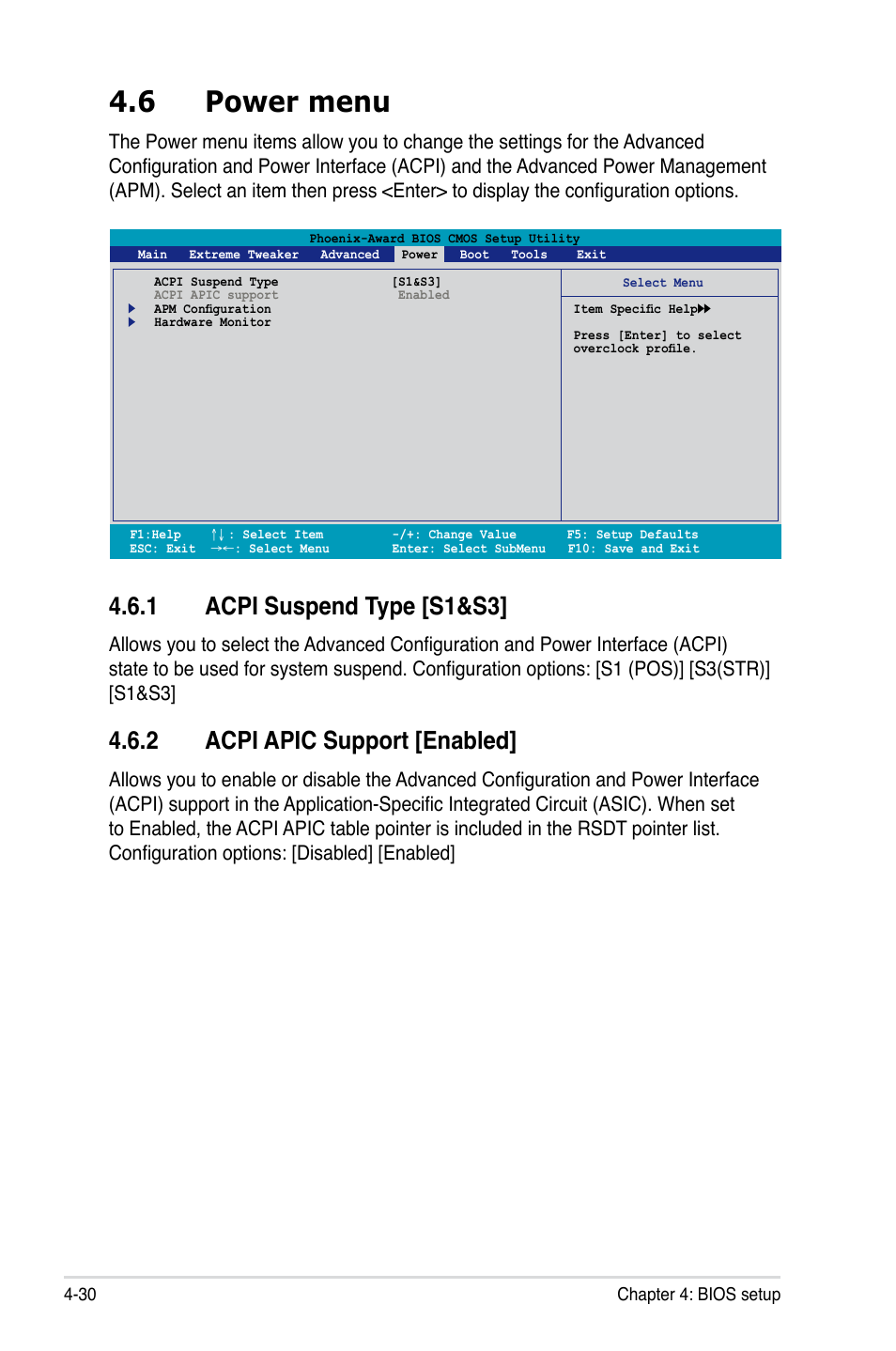 6 power menu, 1 acpi suspend type [s1&s3, 2 acpi apic support [enabled | Asus Striker Extreme User Manual | Page 100 / 168