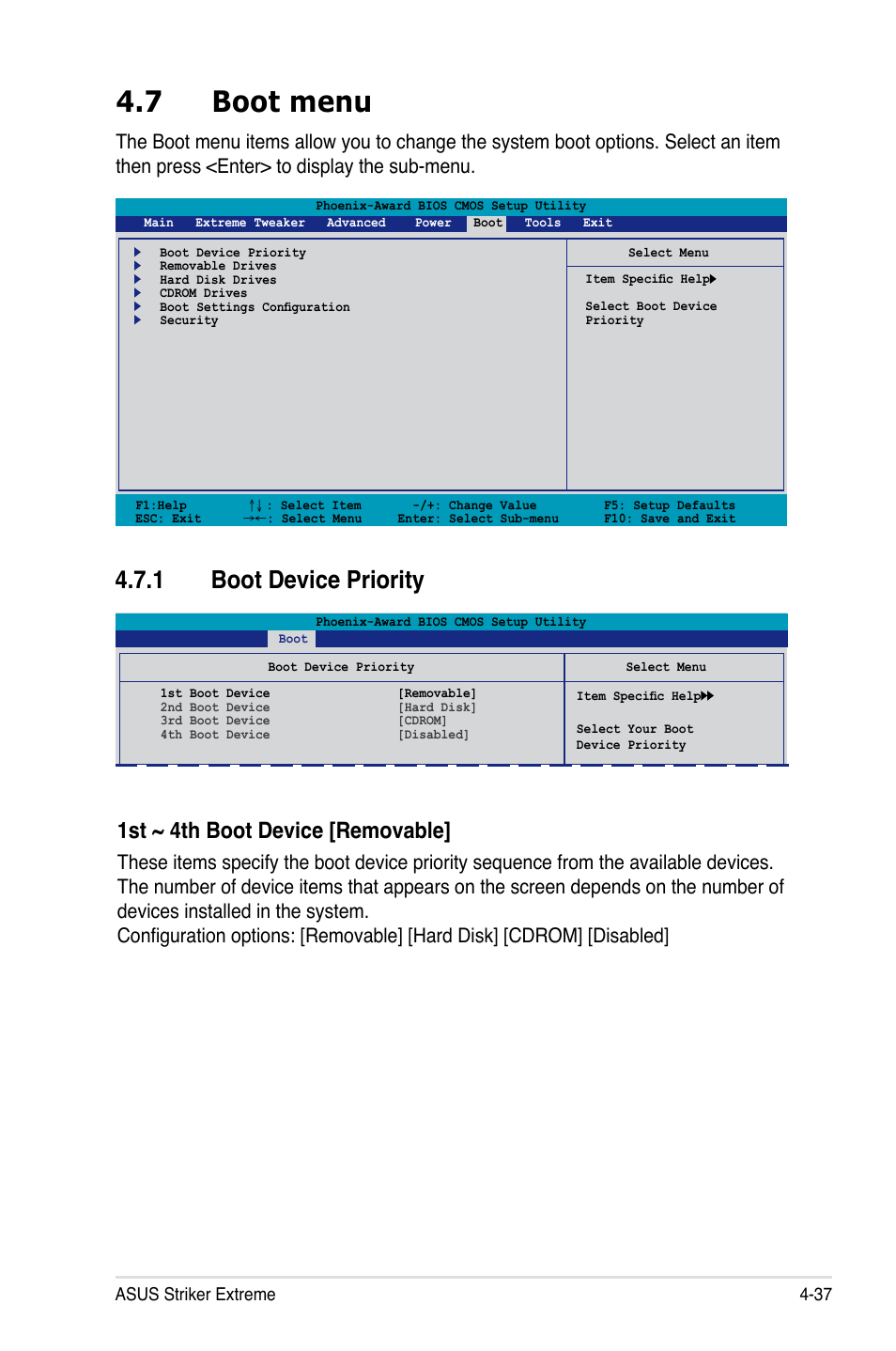 7 boot menu, 1 boot device priority, 1st ~ 4th boot device [removable | Asus Striker Extreme User Manual | Page 107 / 168