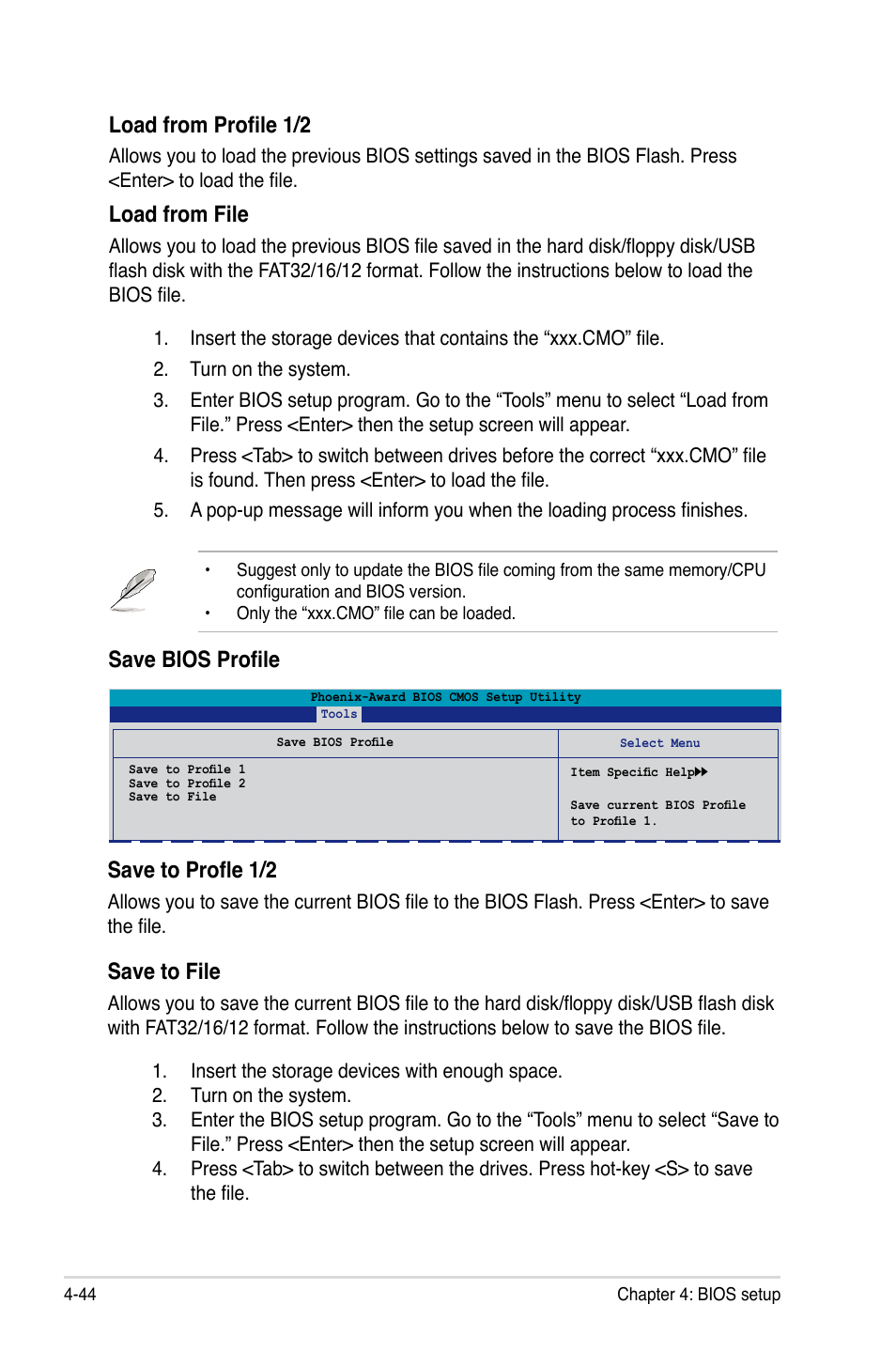 Load from profile 1/2, Load from file, Save bios profile save to profle 1/2 | Save to file | Asus Striker Extreme User Manual | Page 114 / 168