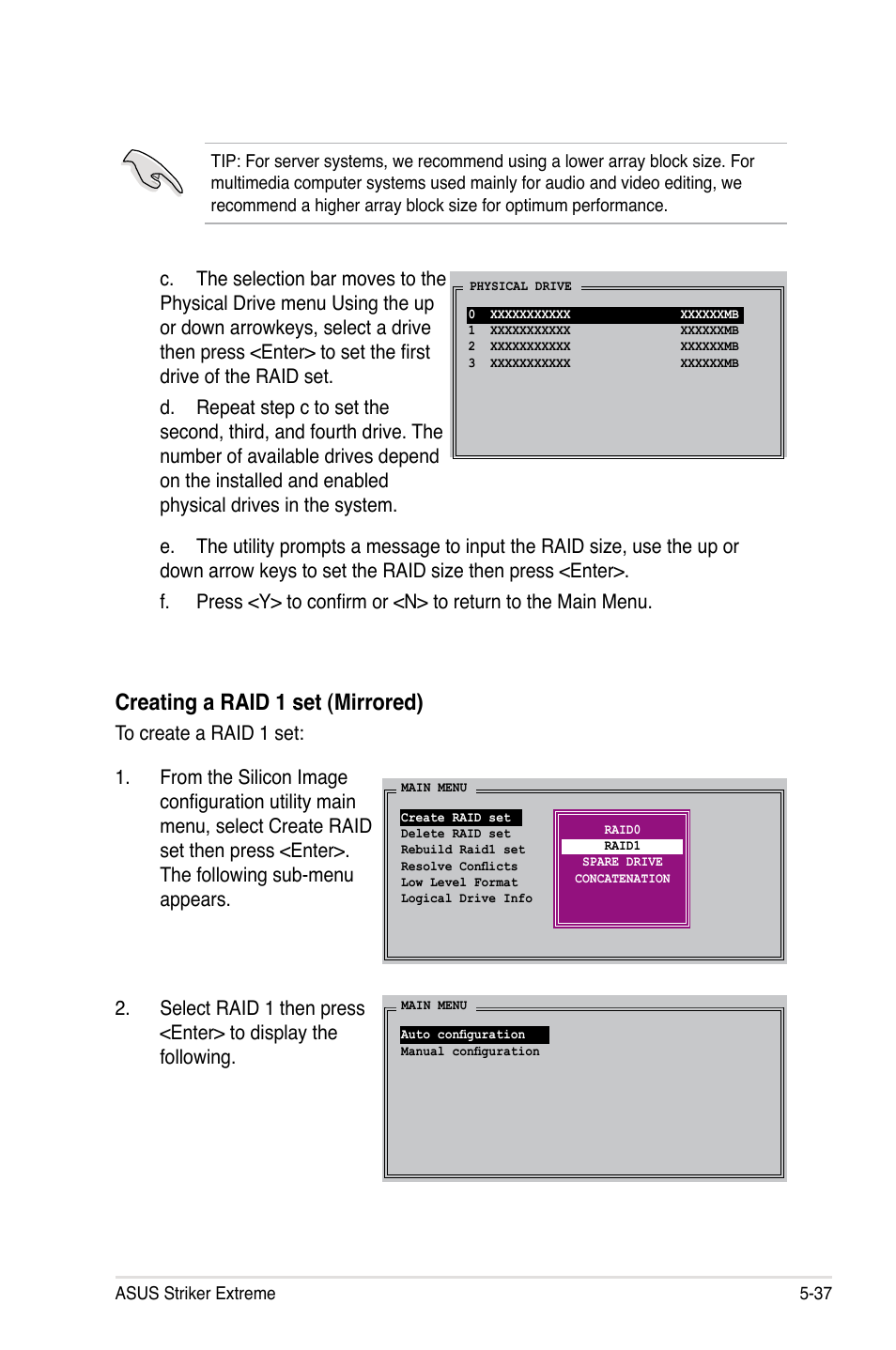 Creating a raid 1 set (mirrored) | Asus Striker Extreme User Manual | Page 155 / 168