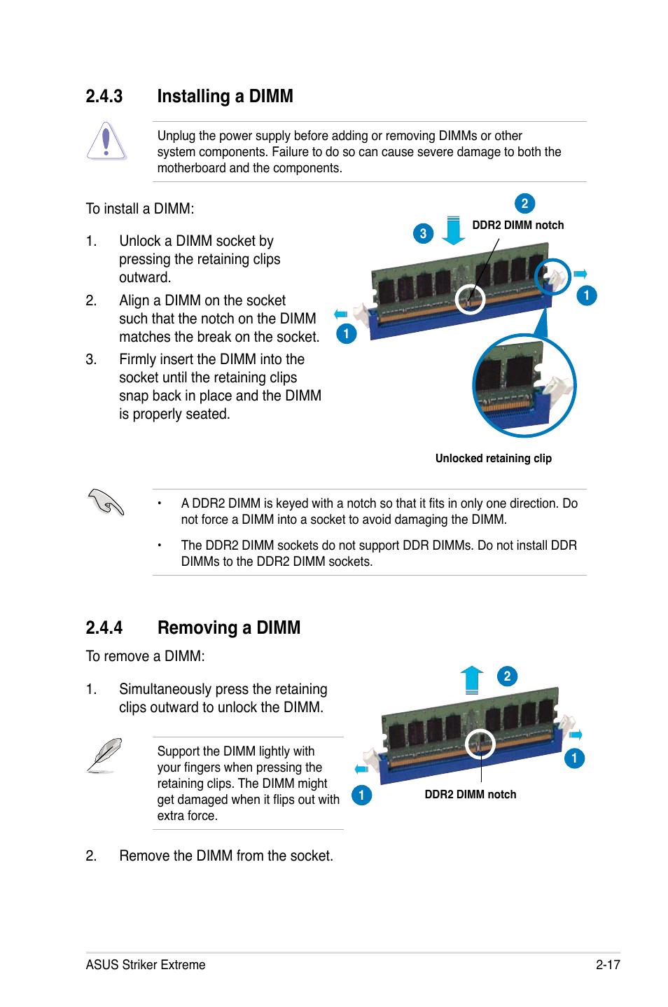 3 installing a dimm, 4 removing a dimm | Asus Striker Extreme User Manual | Page 43 / 168
