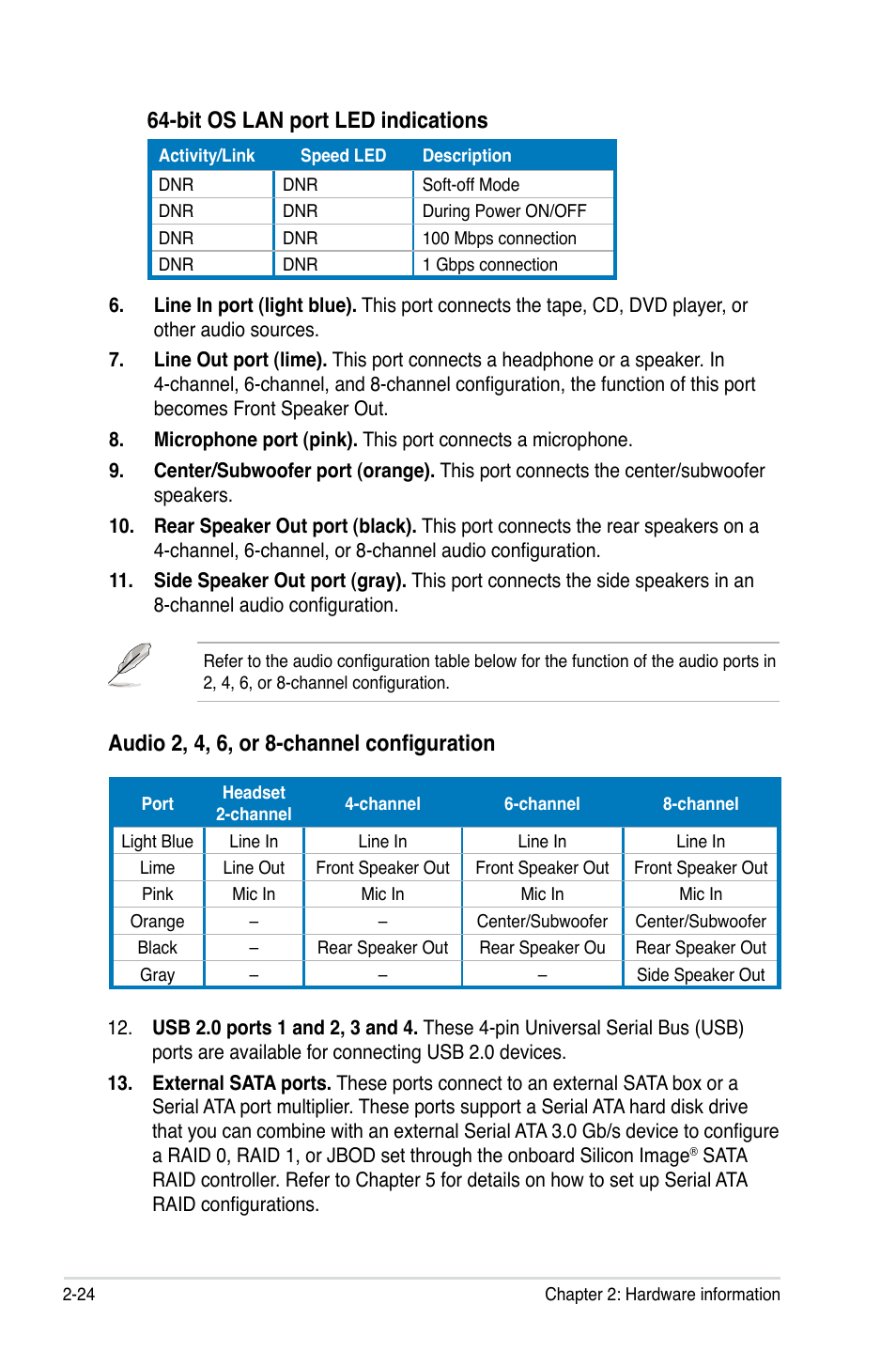 Bit os lan port led indications, Audio 2, 4, 6, or 8-channel configuration | Asus Striker Extreme User Manual | Page 50 / 168