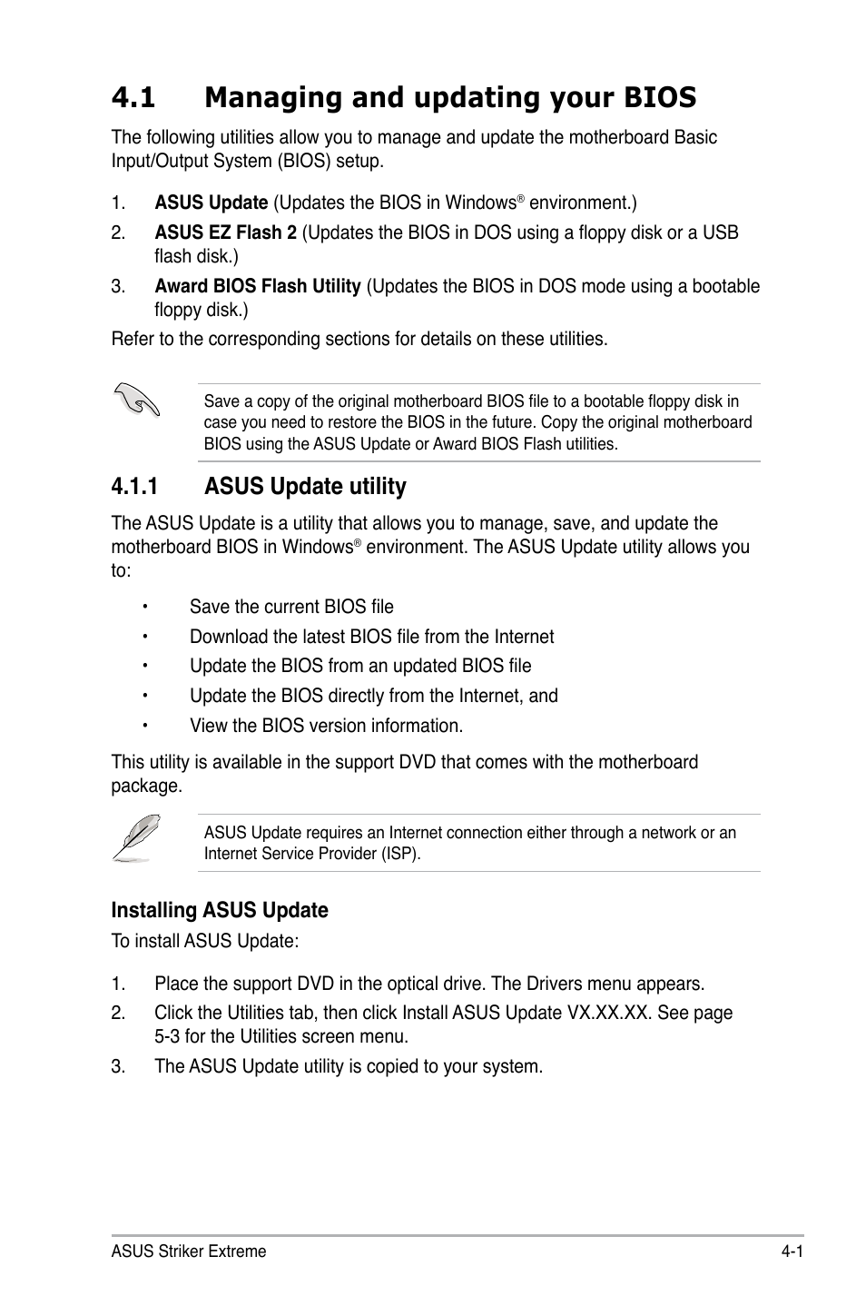 1 managing and updating your bios, 1 asus update utility | Asus Striker Extreme User Manual | Page 71 / 168