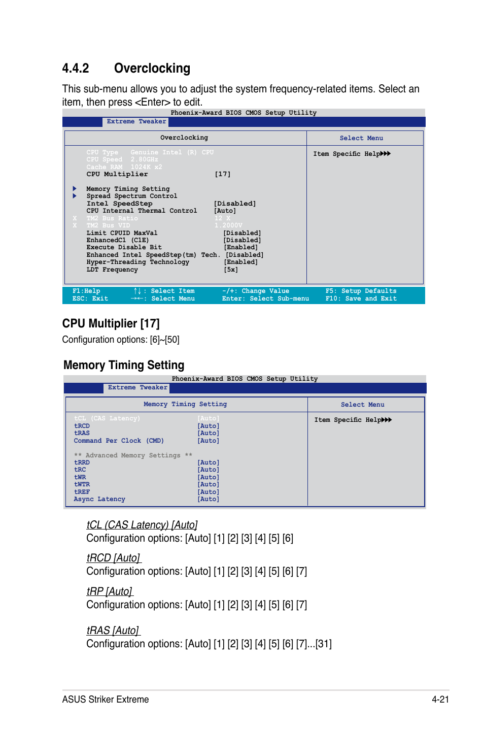 2 overclocking, Cpu multiplier [17, Asus striker extreme 4-21 | Configuration options: [6]~[50 | Asus Striker Extreme User Manual | Page 91 / 168