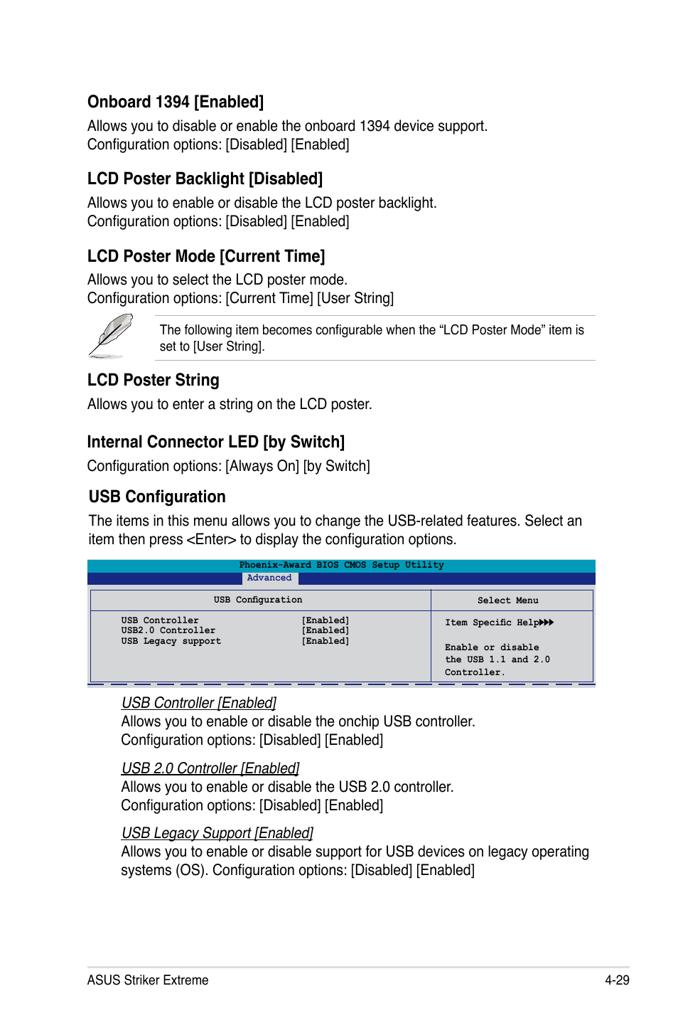 Onboard 1394 [enabled, Lcd poster backlight [disabled, Lcd poster mode [current time | Lcd poster string, Usb configuration, Internal connector led [by switch | Asus Striker Extreme User Manual | Page 99 / 168