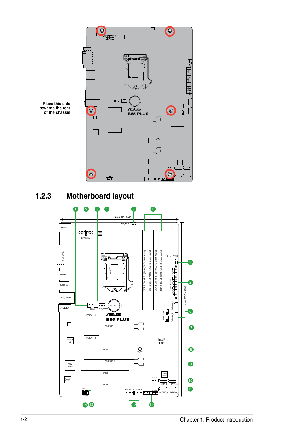 3 motherboard layout, Chapter 1: product introduction, Place this side towards the rear of the chassis | Asus B85-PLUS User Manual | Page 10 / 77
