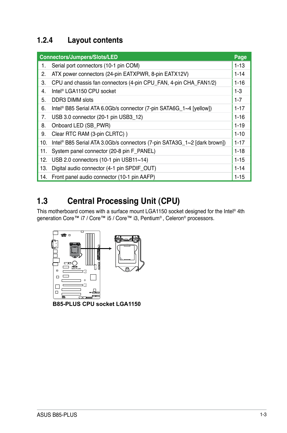 3 central processing unit (cpu), 4 layout contents | Asus B85-PLUS User Manual | Page 11 / 77