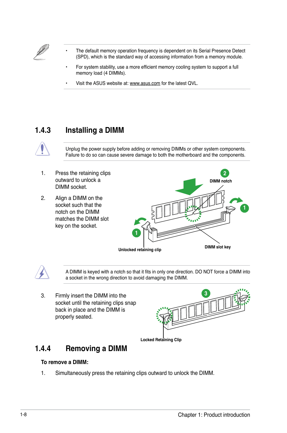 3 installing a dimm, 4 removing a dimm | Asus B85-PLUS User Manual | Page 16 / 77