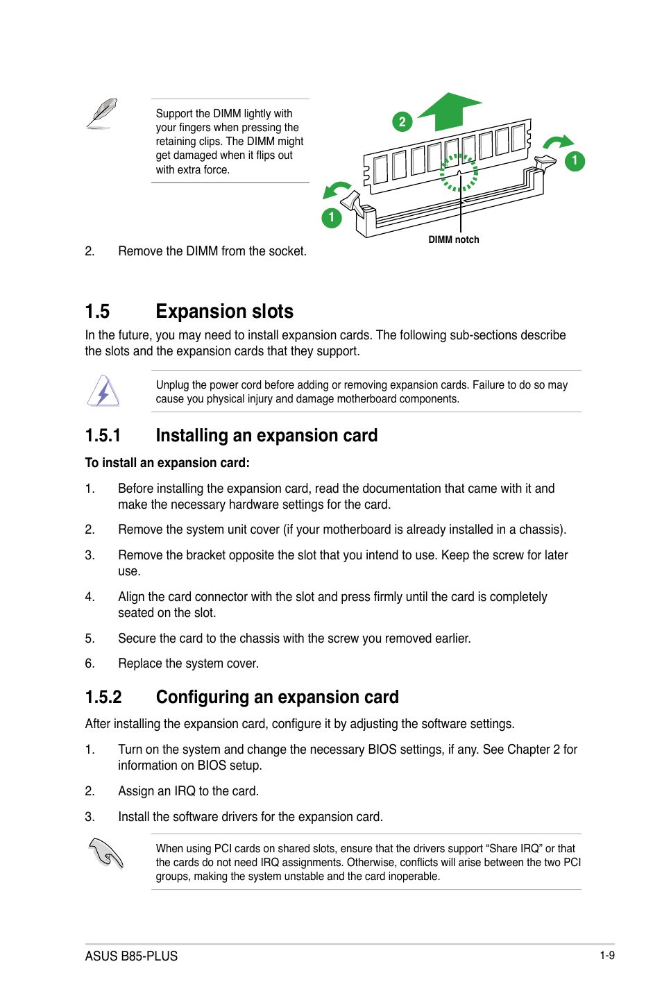 5 expansion slots, 1 installing an expansion card, 2 configuring an expansion card | Asus B85-PLUS User Manual | Page 17 / 77