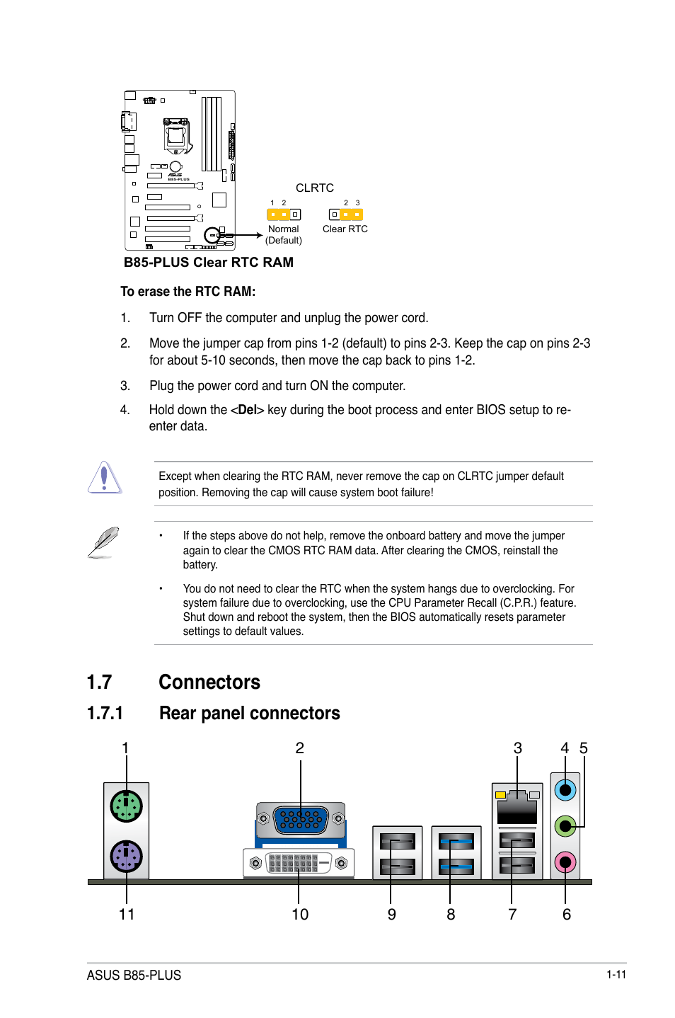 7 connectors, 1 rear panel connectors | Asus B85-PLUS User Manual | Page 19 / 77