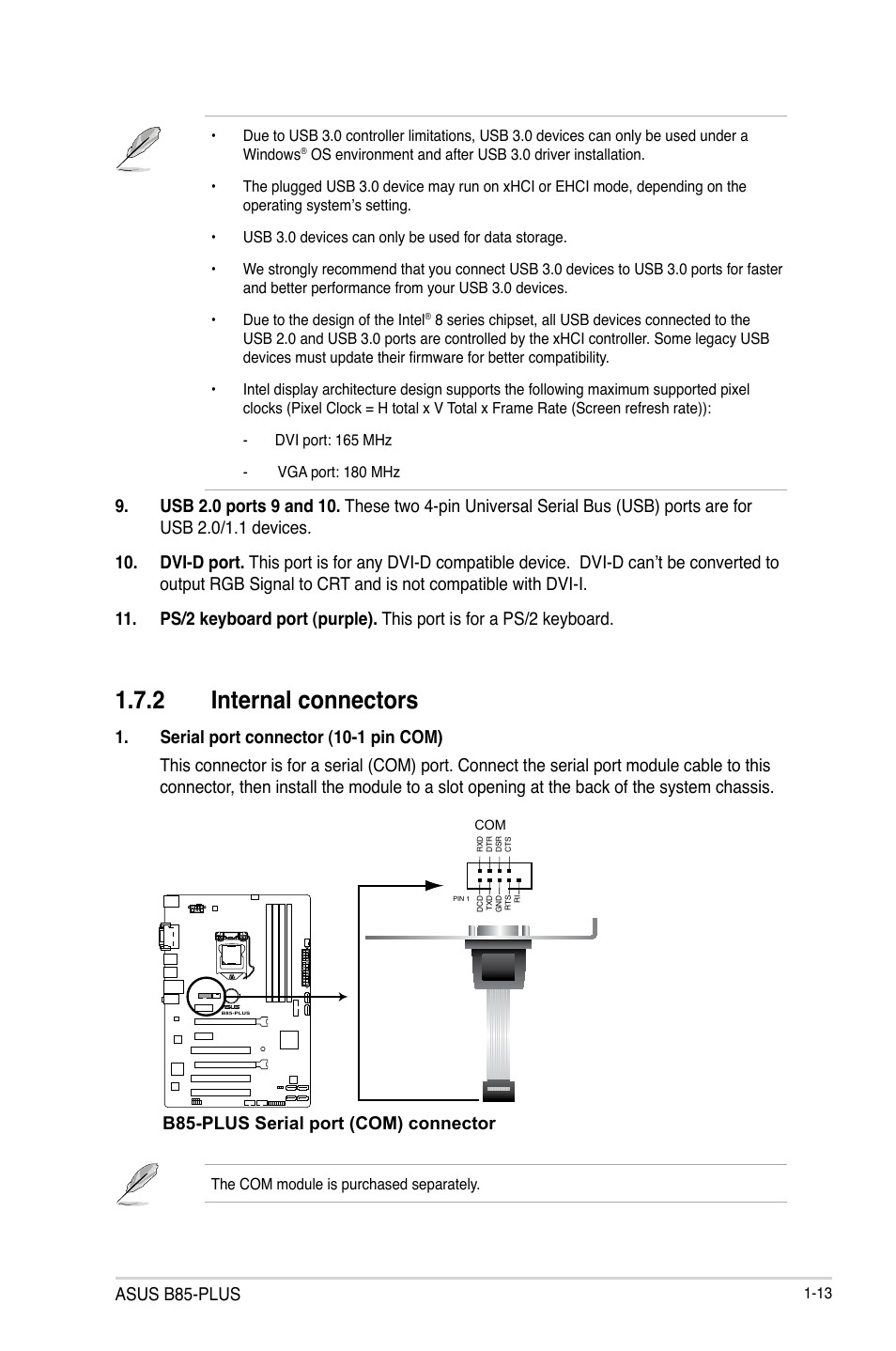 2 internal connectors, Asus b85-plus, B85-plus serial port (com) connector | Asus B85-PLUS User Manual | Page 21 / 77