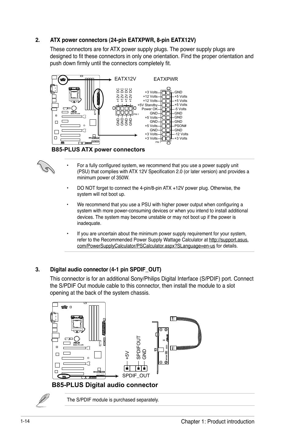 B85-plus digital audio connector, B85-plus atx power connectors | Asus B85-PLUS User Manual | Page 22 / 77