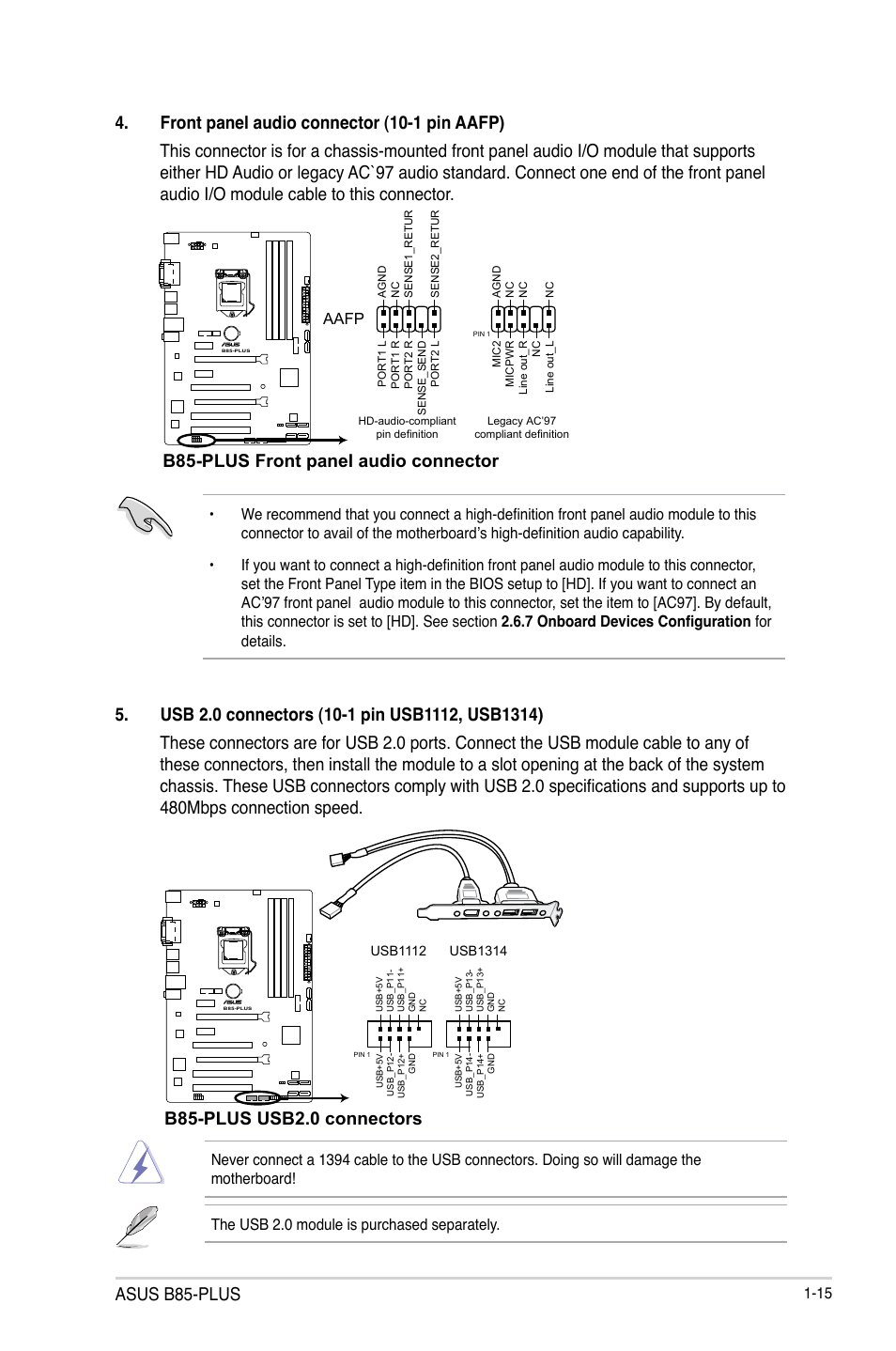 Asus b85-plus, B85-plus usb2.0 connectors, B85-plus front panel audio connector | Aafp | Asus B85-PLUS User Manual | Page 23 / 77