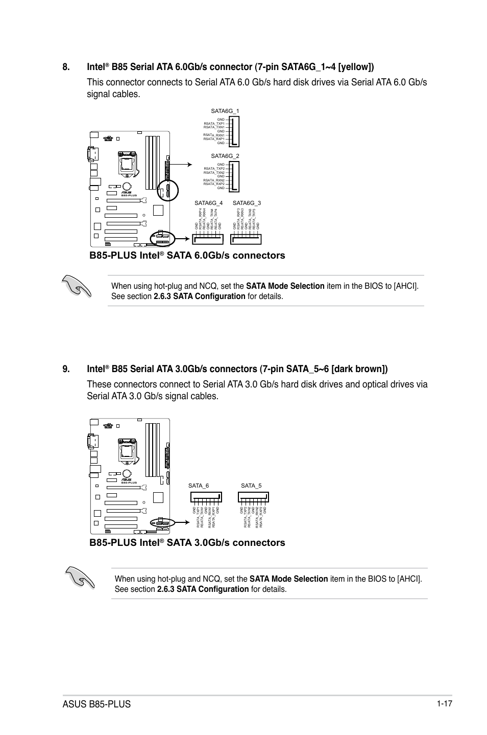 Asus b85-plus, Intel, B85-plus intel | Sata 6.0gb/s connectors 9. intel, Sata 3.0gb/s connectors | Asus B85-PLUS User Manual | Page 25 / 77