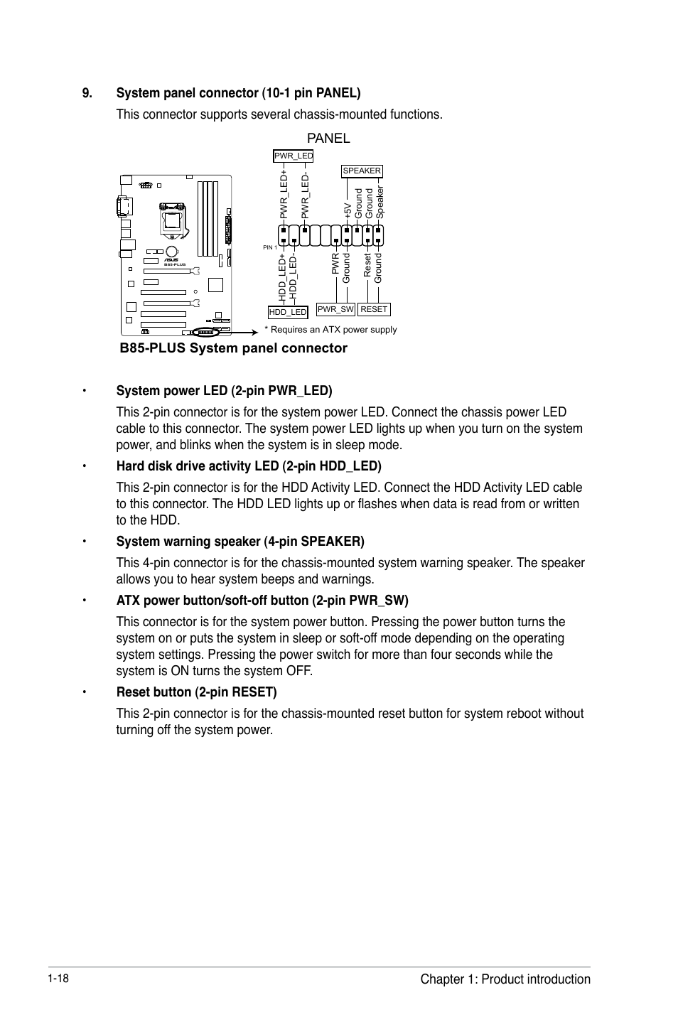 B85-plus system panel connector, Panel | Asus B85-PLUS User Manual | Page 26 / 77