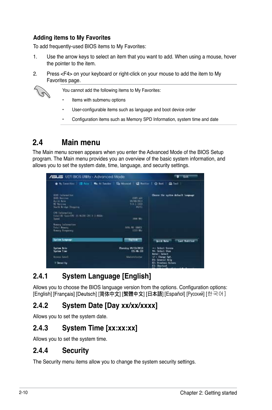 4 main menu, 1 system language [english, 3 system time [xx:xx:xx | 4 security | Asus B85-PLUS User Manual | Page 39 / 77