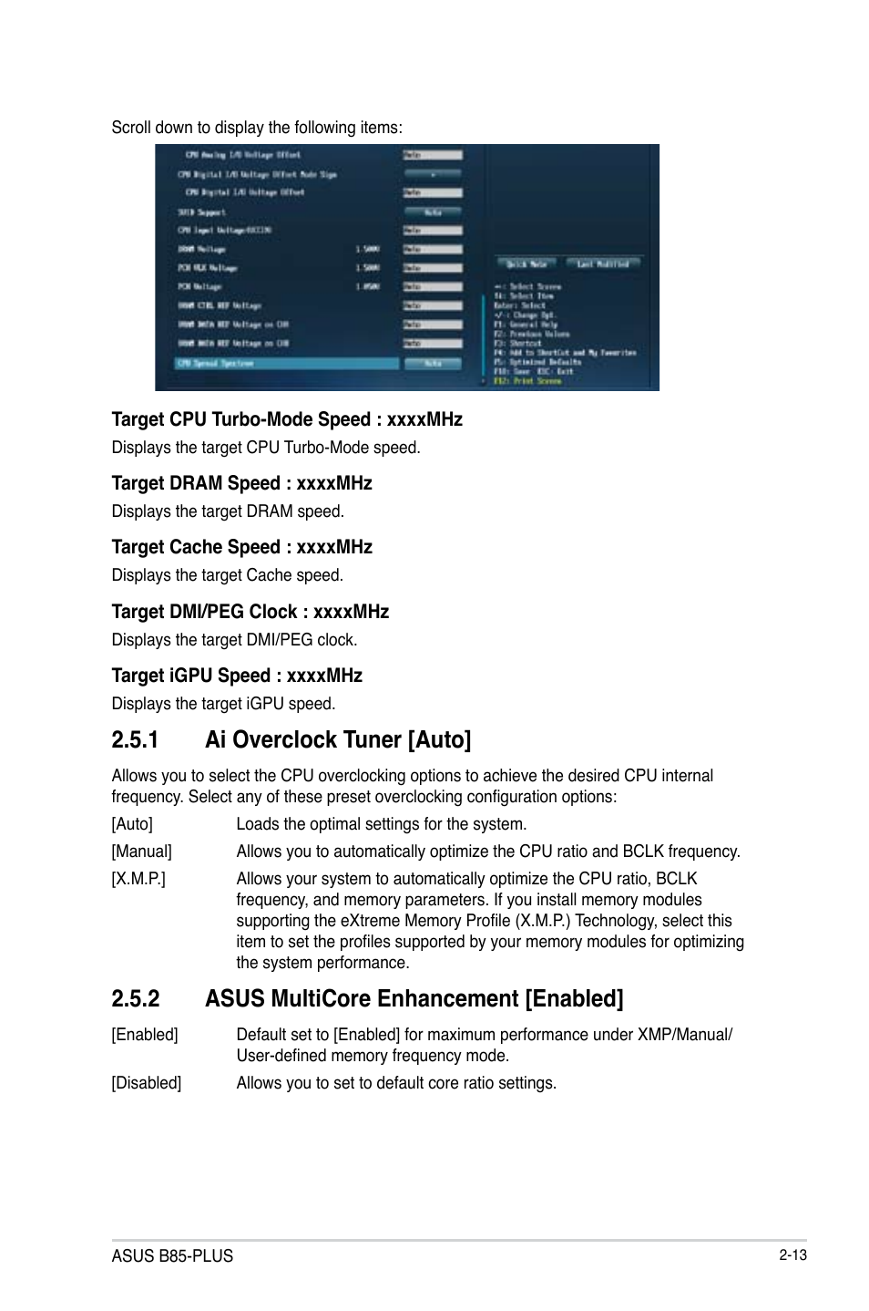 1 ai overclock tuner [auto, 2 asus multicore enhancement [enabled | Asus B85-PLUS User Manual | Page 42 / 77