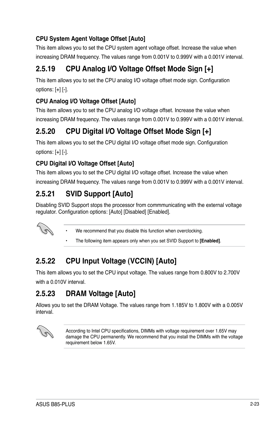 19 cpu analog i/o voltage offset mode sign, 20 cpu digital i/o voltage offset mode sign, 21 svid support [auto | 22 cpu input voltage (vccin) [auto, 23 dram voltage [auto | Asus B85-PLUS User Manual | Page 52 / 77
