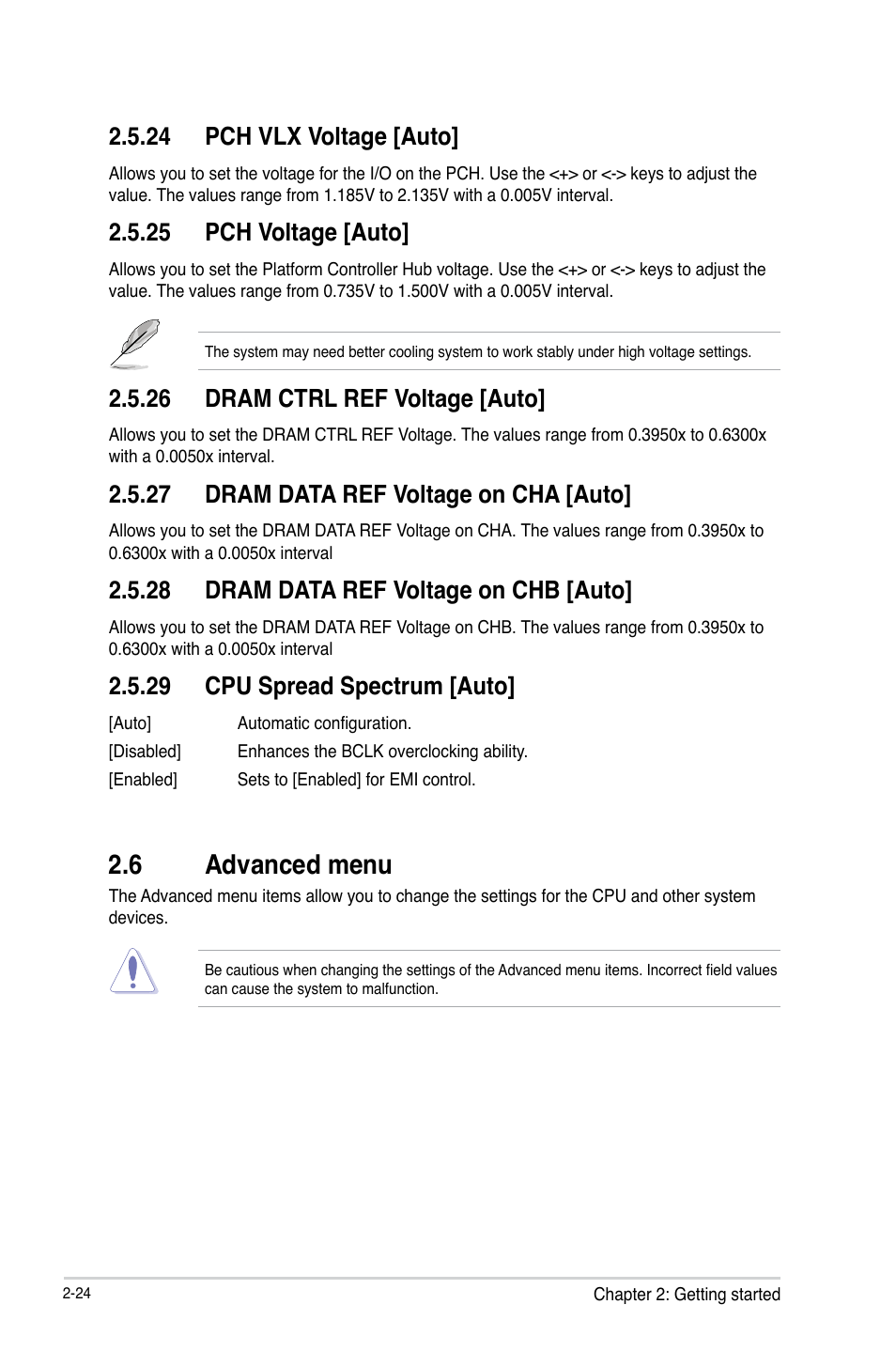 6 advanced menu, 24 pch vlx voltage [auto, 25 pch voltage [auto | 26 dram ctrl ref voltage [auto, 27 dram data ref voltage on cha [auto, 28 dram data ref voltage on chb [auto, 29 cpu spread spectrum [auto | Asus B85-PLUS User Manual | Page 53 / 77