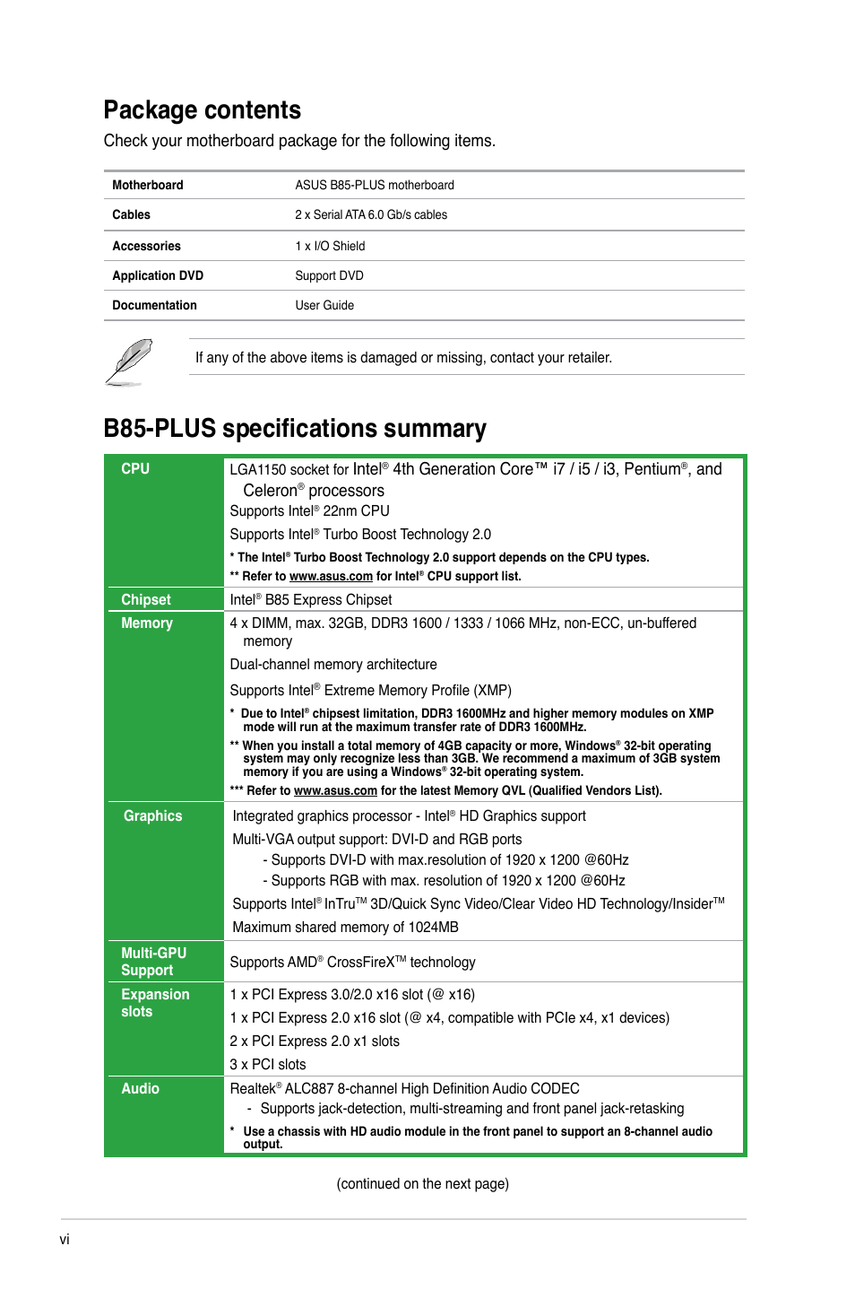 B85-plus specifications summary, Package contents, Intel | 4th generation core™ i7 / i5 / i3, pentium, And celeron, Processors | Asus B85-PLUS User Manual | Page 6 / 77