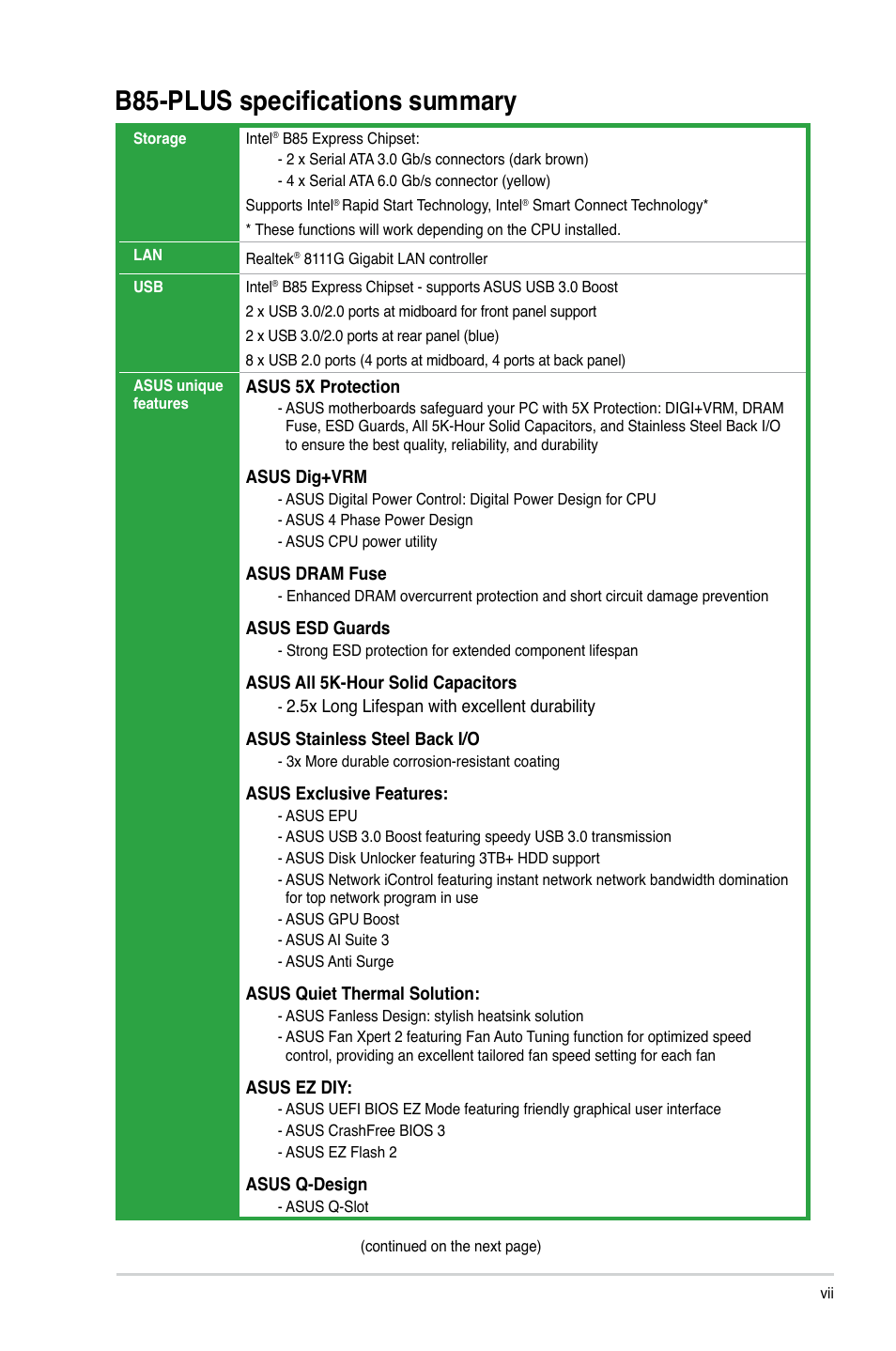 B85-plus specifications summary | Asus B85-PLUS User Manual | Page 7 / 77