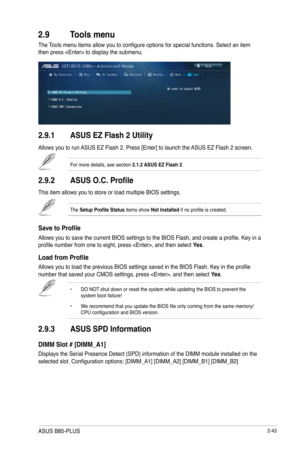 9 tools menu, 1 asus ez flash 2 utility, 2 asus o.c. profile | 3 asus spd information | Asus B85-PLUS User Manual | Page 72 / 77